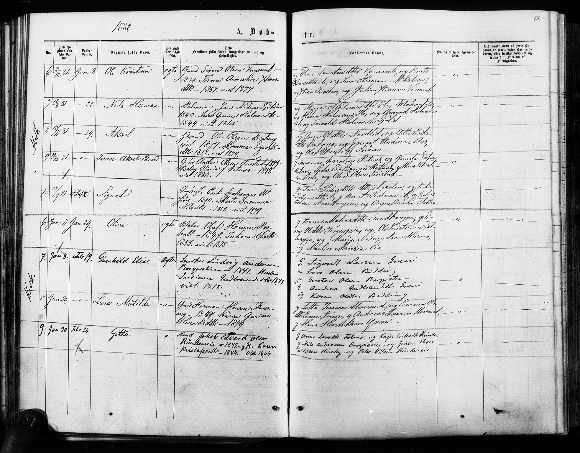 Nes prestekontor Kirkebøker, AV/SAO-A-10410/F/Fa/L0009: Parish register (official) no. I 9, 1875-1882, p. 68