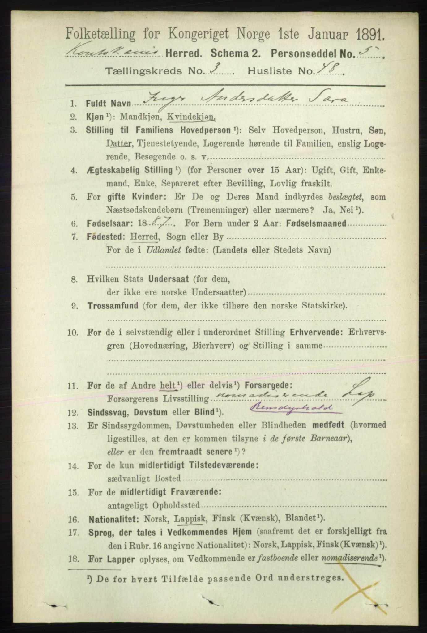 RA, 1891 census for 2011 Kautokeino, 1891, p. 991