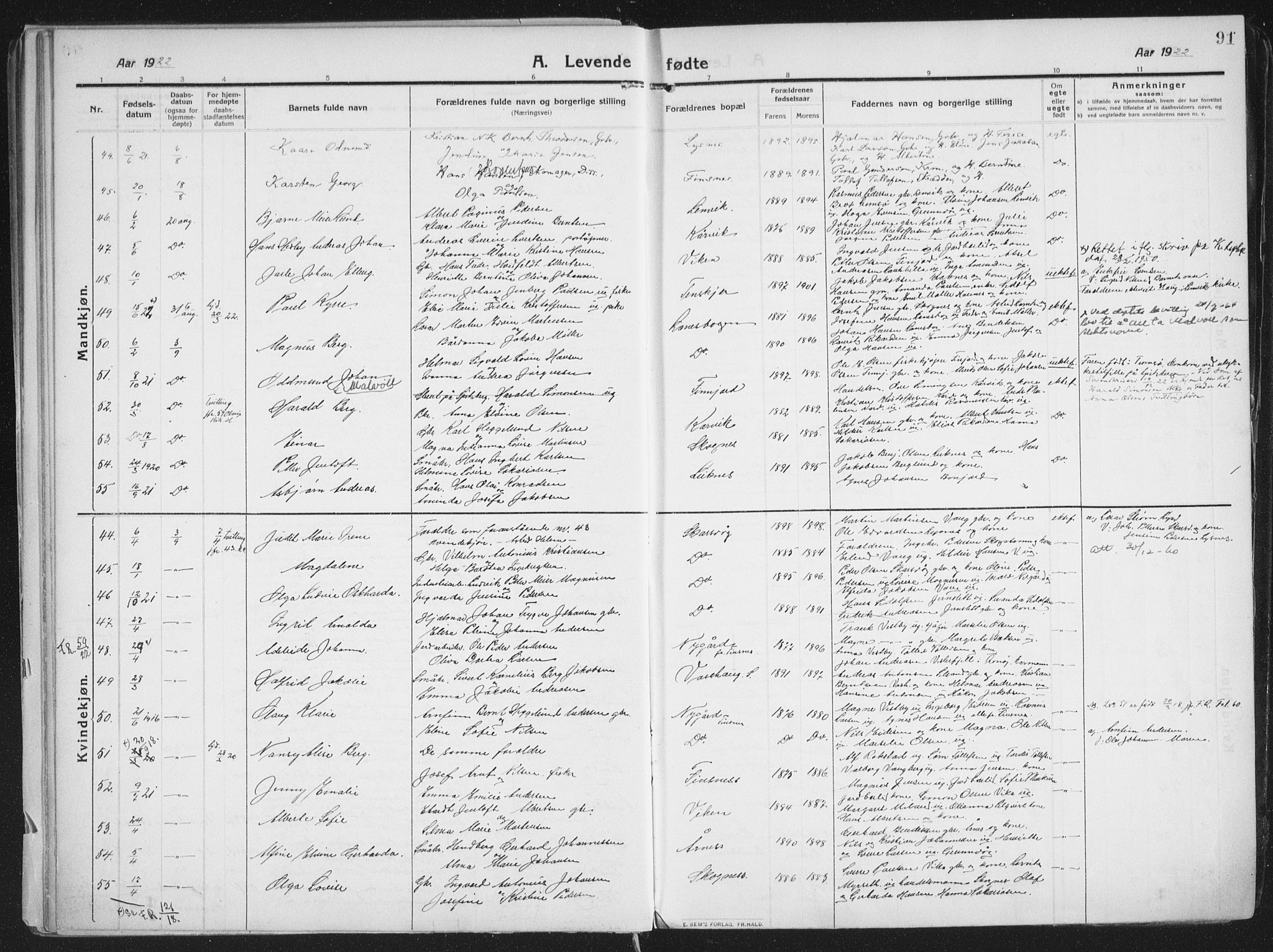 Lenvik sokneprestembete, SATØ/S-1310/H/Ha/Haa/L0016kirke: Parish register (official) no. 16, 1910-1924, p. 91