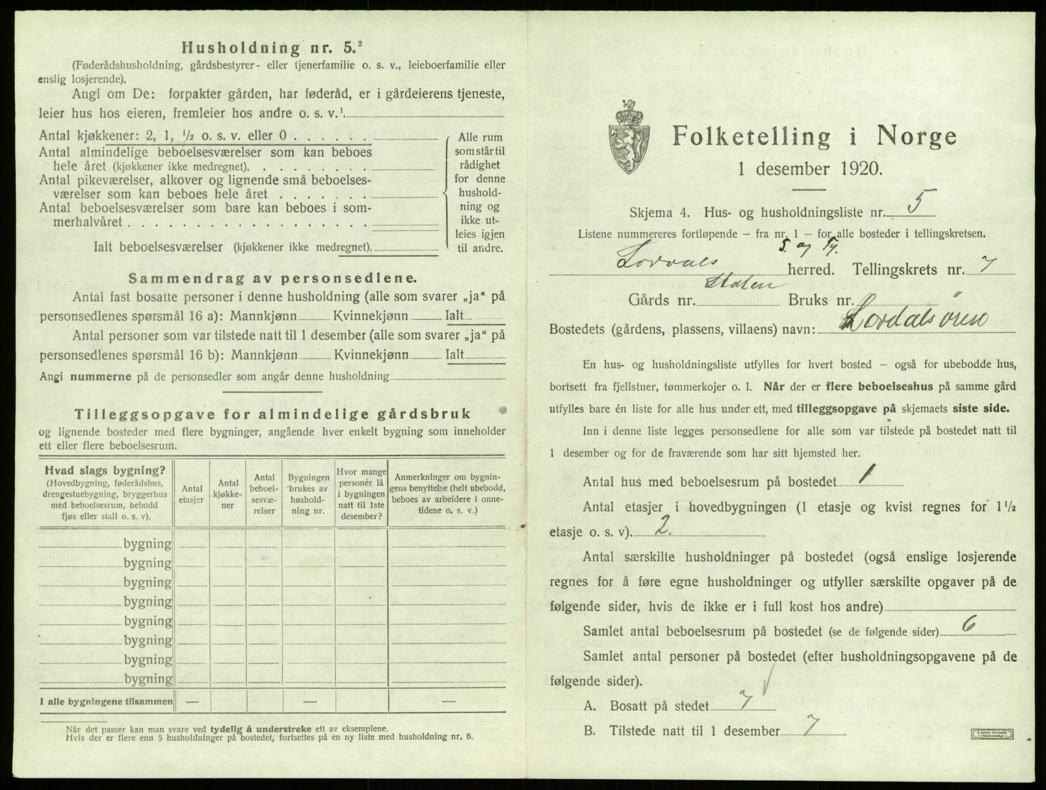 SAB, 1920 census for Lærdal, 1920, p. 539