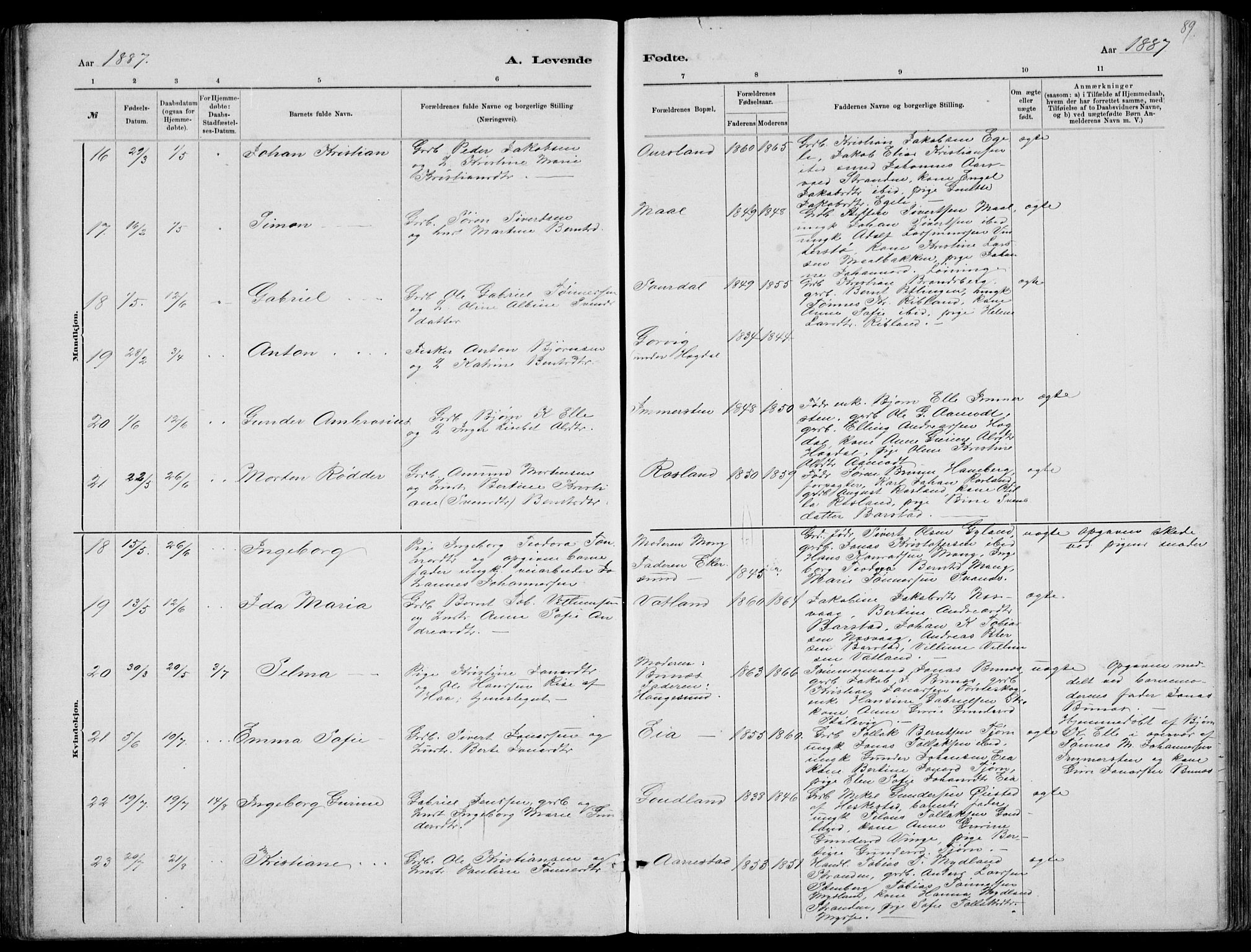 Sokndal sokneprestkontor, AV/SAST-A-101808: Parish register (copy) no. B 4, 1880-1891, p. 89