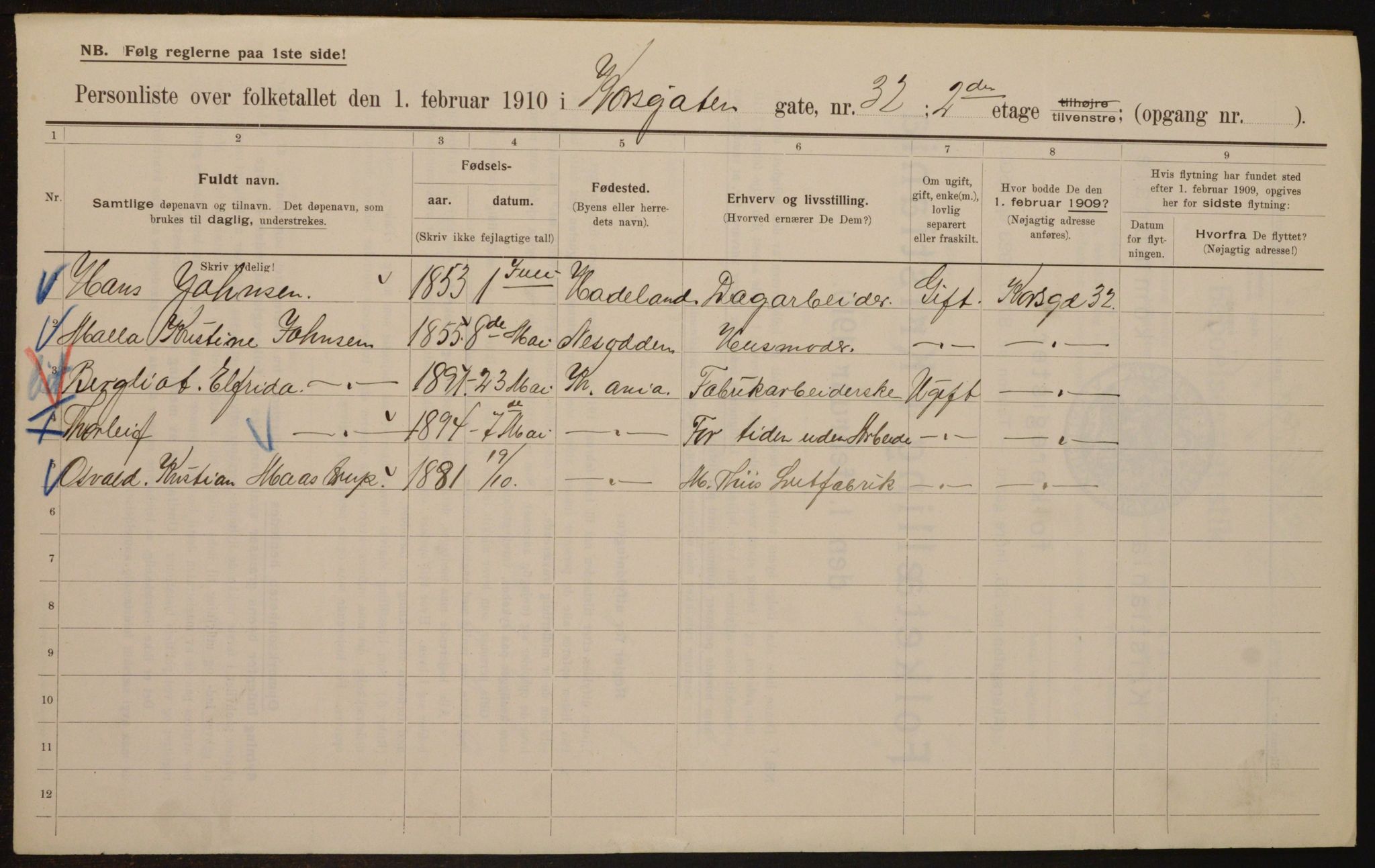 OBA, Municipal Census 1910 for Kristiania, 1910, p. 52309