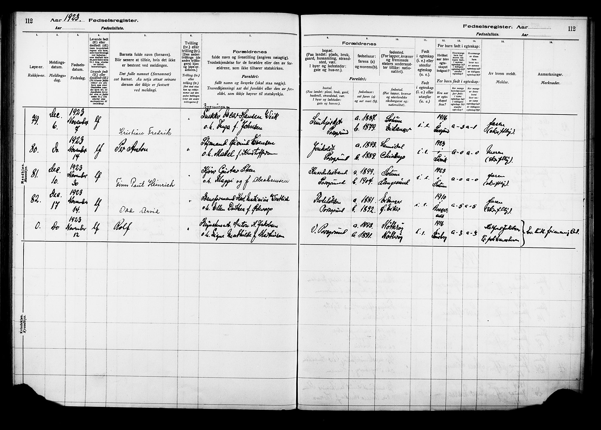 Porsgrunn kirkebøker , SAKO/A-104/J/Ja/L0001: Birth register no. 1, 1916-1929, p. 112
