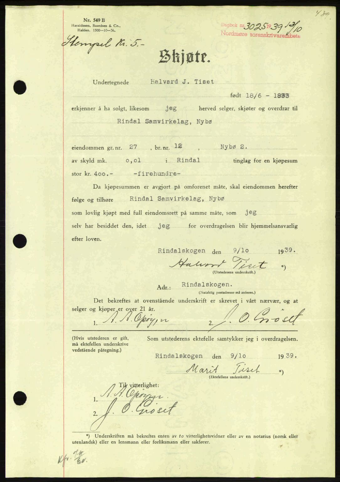 Nordmøre sorenskriveri, AV/SAT-A-4132/1/2/2Ca: Mortgage book no. A87, 1939-1940, Diary no: : 3025/1939