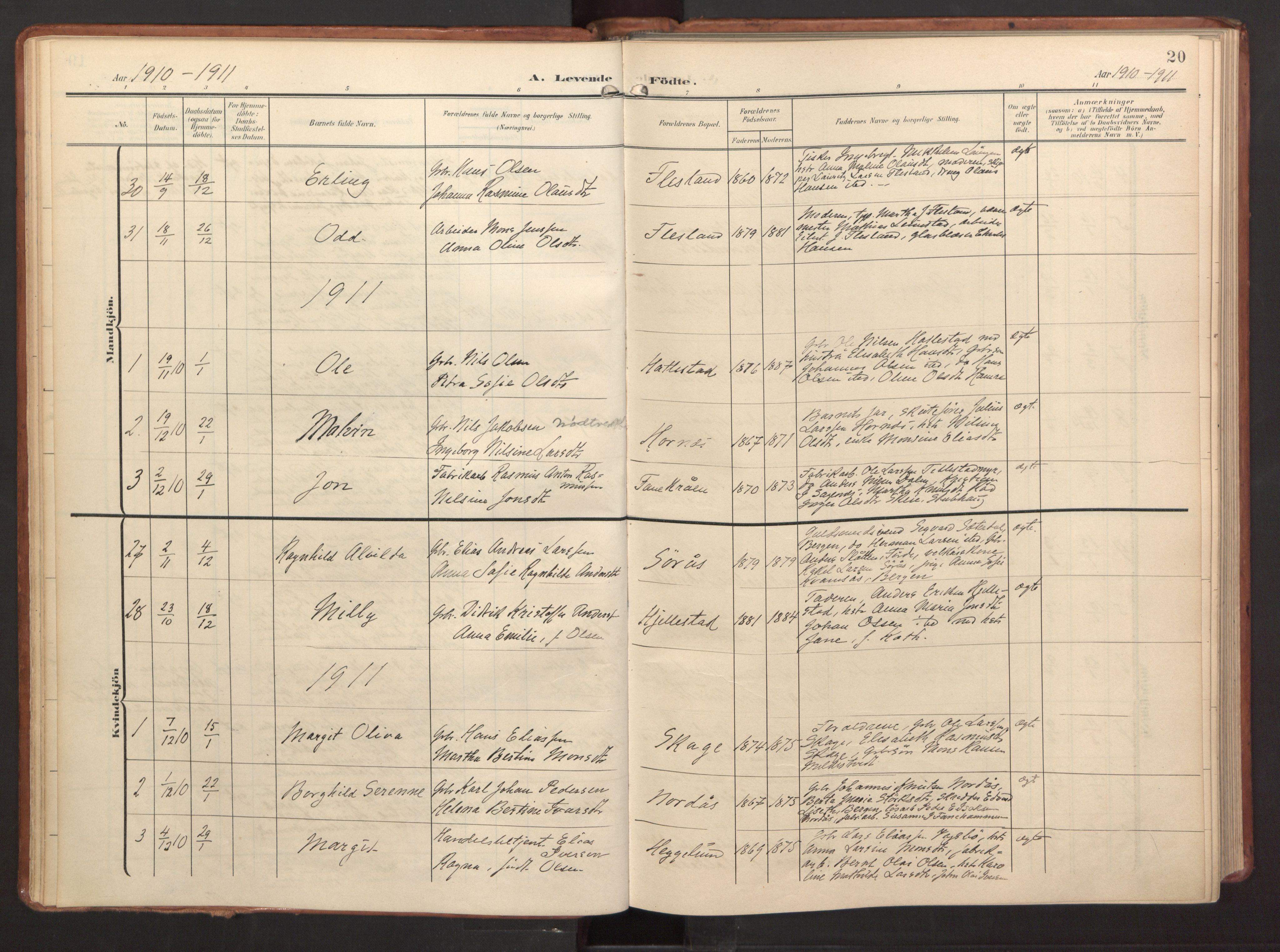 Fana Sokneprestembete, AV/SAB-A-75101/H/Haa/Haab/L0004: Parish register (official) no. B 4, 1908-1915, p. 20