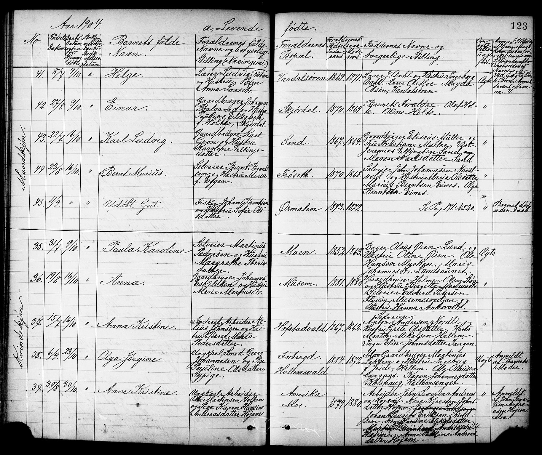 Ministerialprotokoller, klokkerbøker og fødselsregistre - Nord-Trøndelag, AV/SAT-A-1458/723/L0257: Parish register (copy) no. 723C05, 1890-1907, p. 123