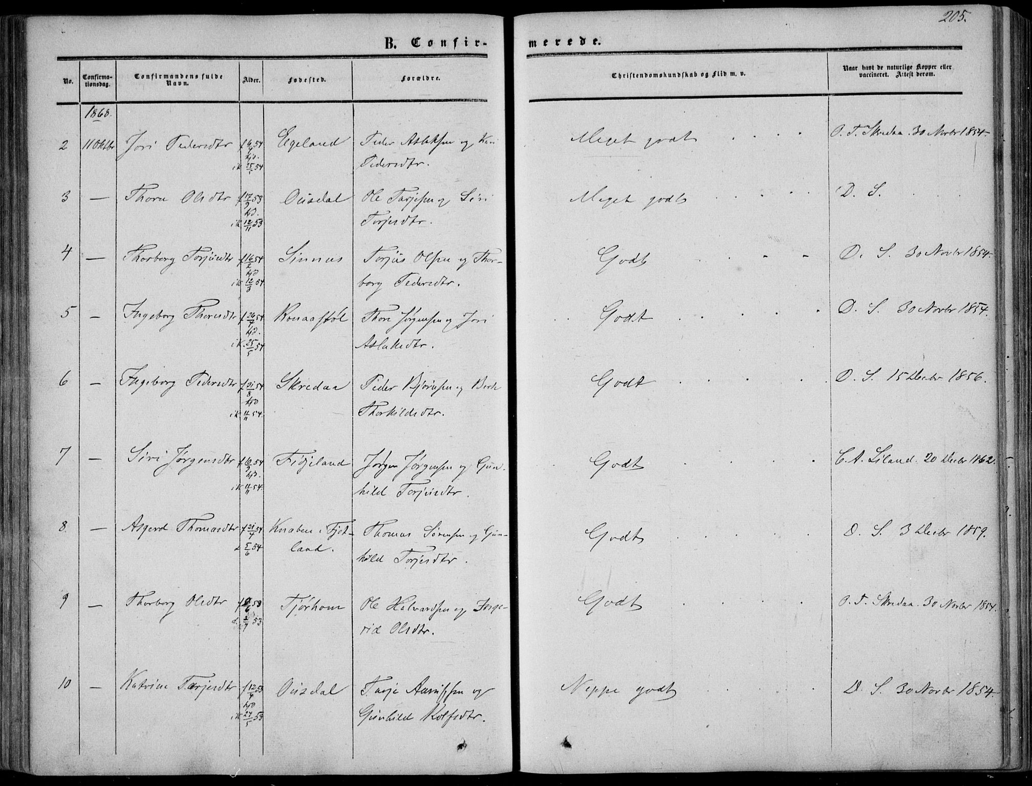 Sirdal sokneprestkontor, AV/SAK-1111-0036/F/Fa/Fab/L0002: Parish register (official) no. A 2, 1855-1874, p. 205