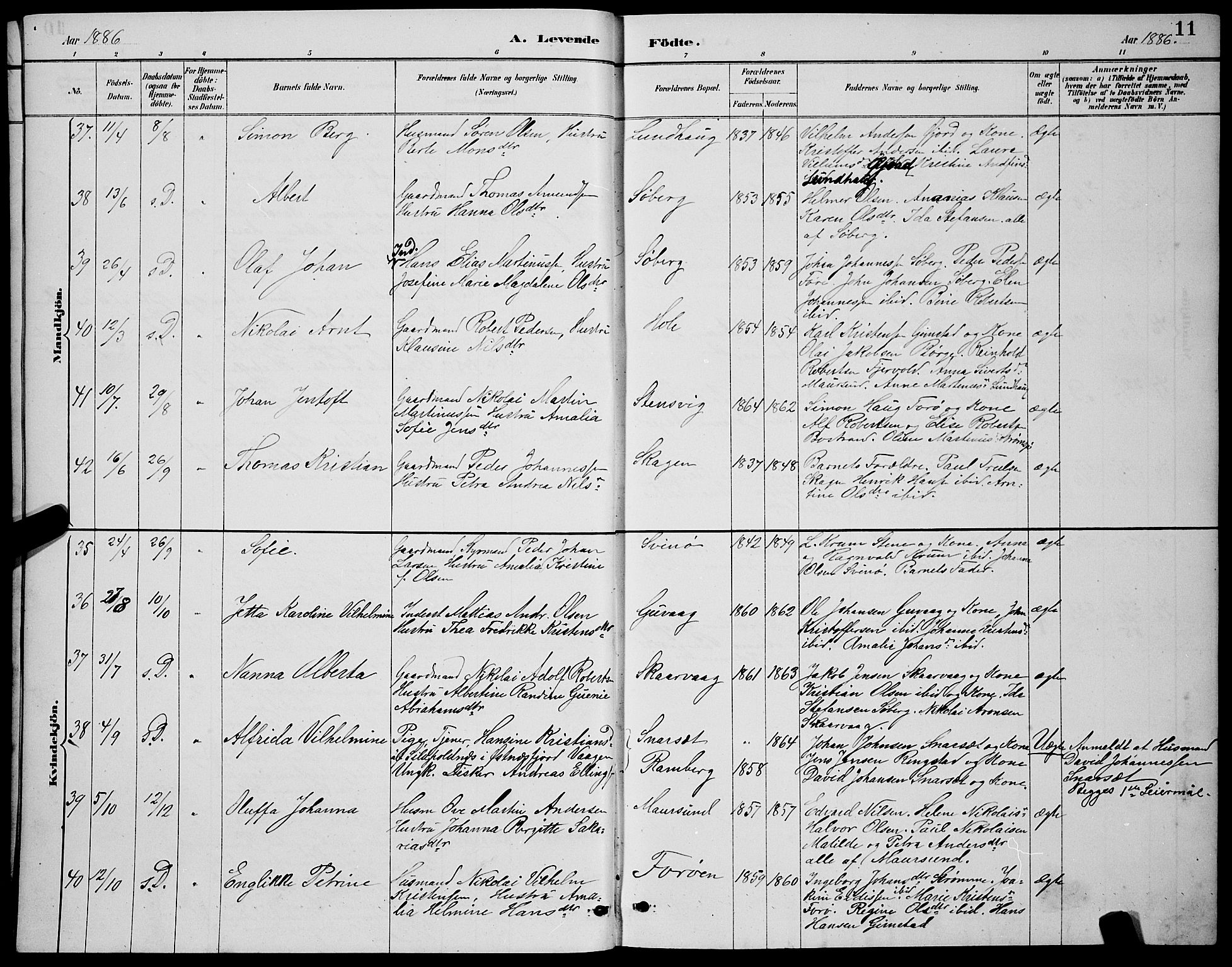 Ministerialprotokoller, klokkerbøker og fødselsregistre - Nordland, AV/SAT-A-1459/891/L1315: Parish register (copy) no. 891C04, 1886-1893, p. 11