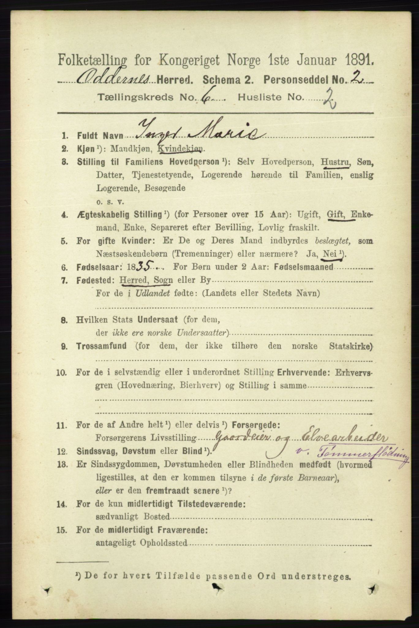 RA, 1891 census for 1012 Oddernes, 1891, p. 2203