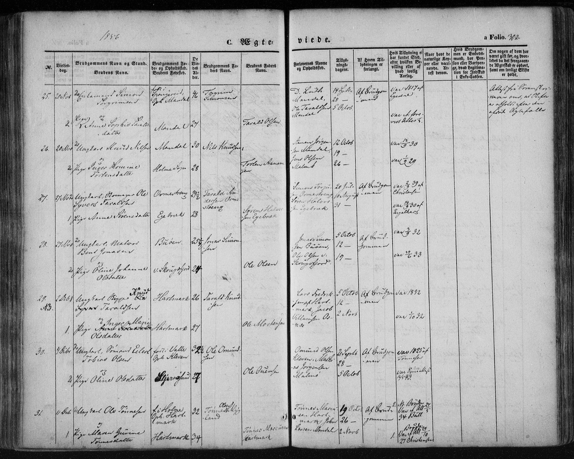 Mandal sokneprestkontor, AV/SAK-1111-0030/F/Fa/Faa/L0013: Parish register (official) no. A 13, 1847-1859, p. 302