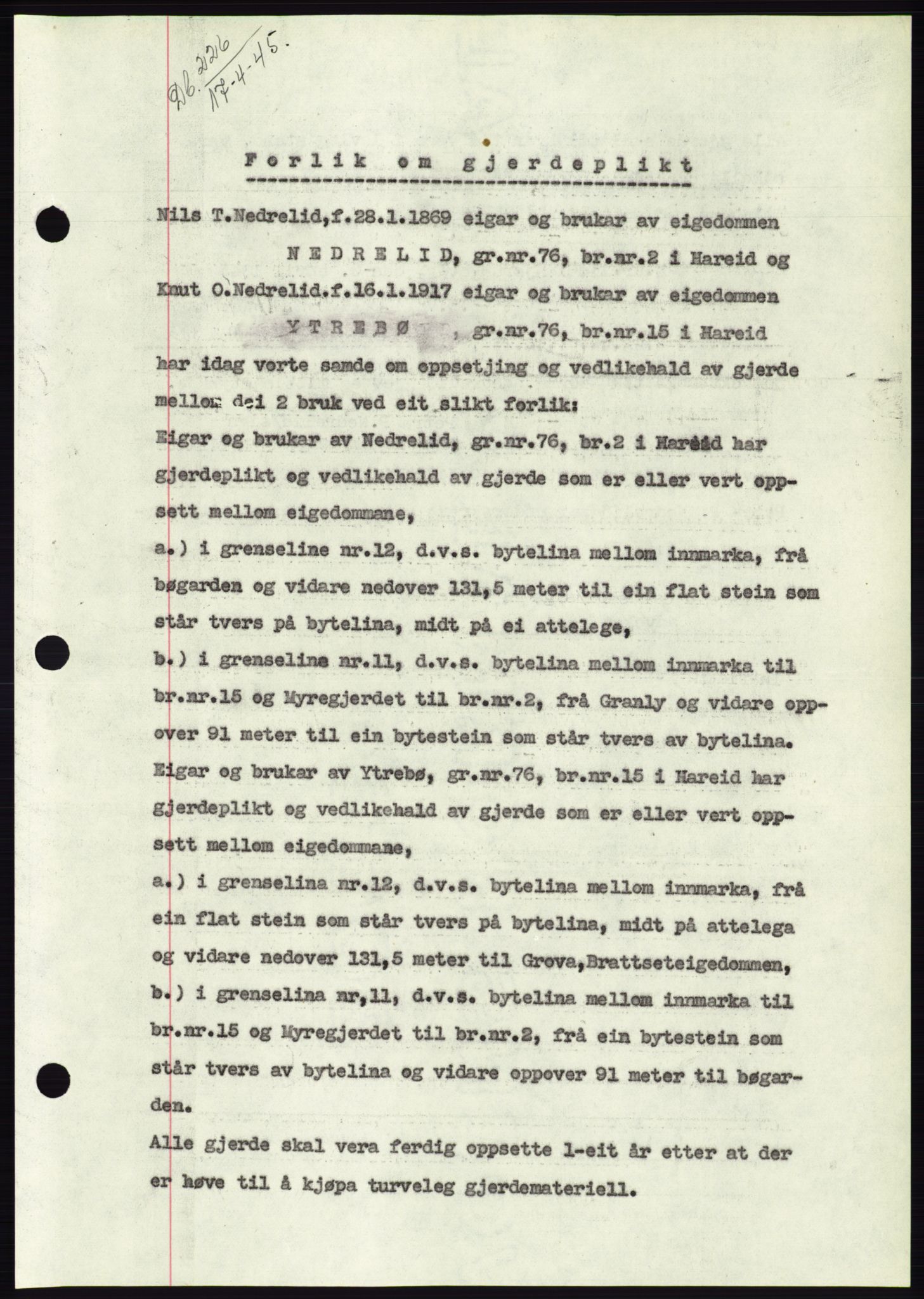 Søre Sunnmøre sorenskriveri, AV/SAT-A-4122/1/2/2C/L0077: Mortgage book no. 3A, 1945-1946, Diary no: : 226/1945