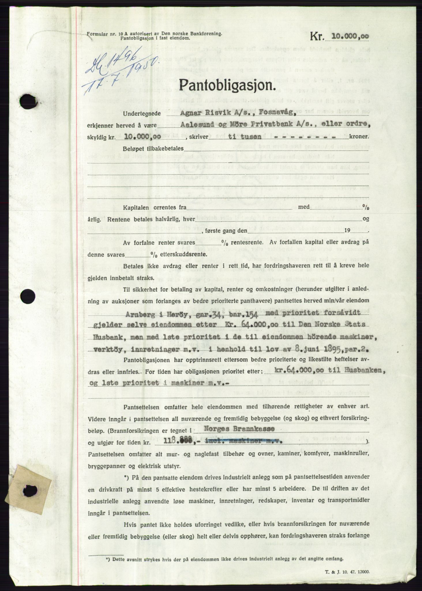 Søre Sunnmøre sorenskriveri, AV/SAT-A-4122/1/2/2C/L0119: Mortgage book no. 7B, 1950-1951, Diary no: : 1496/1950