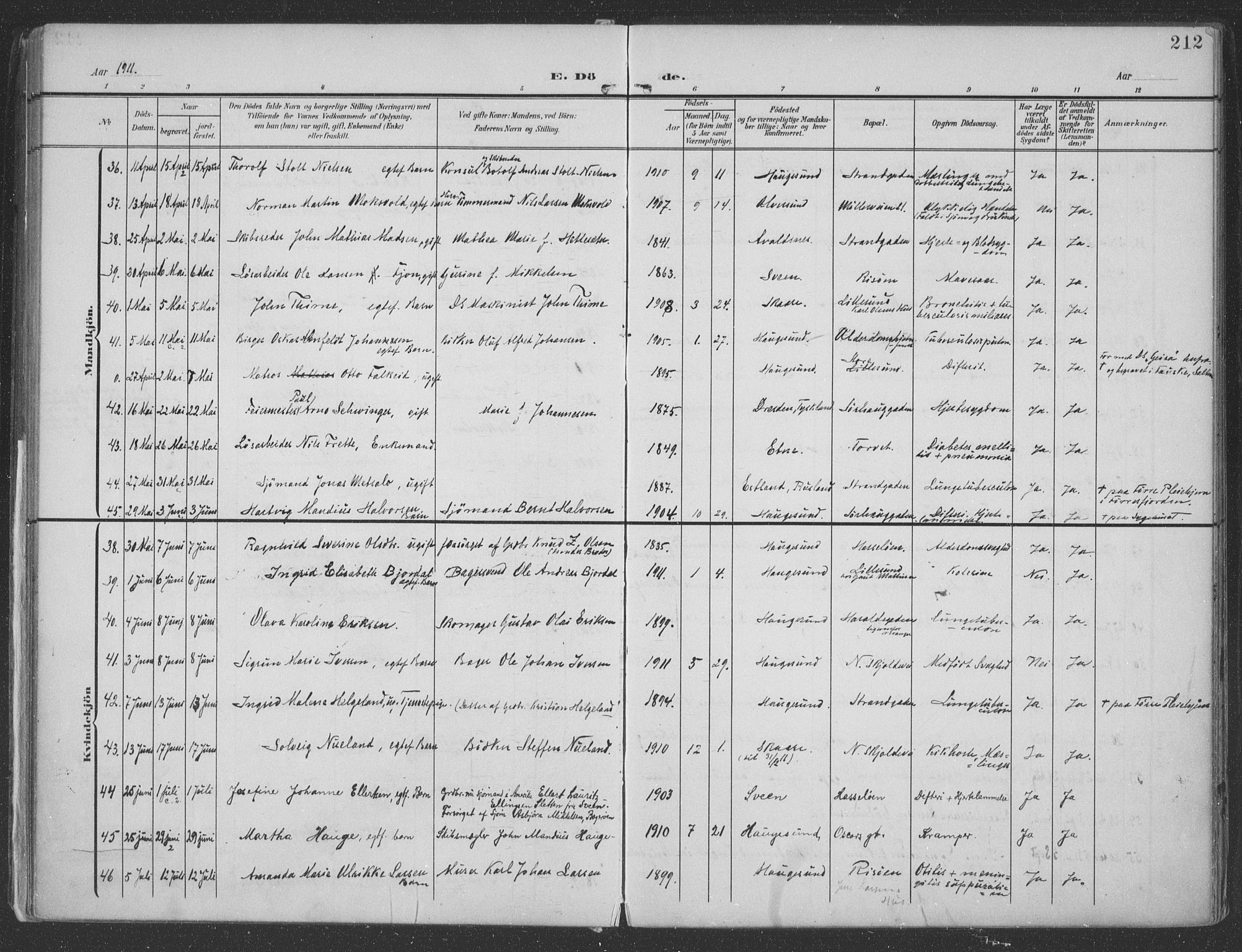 Haugesund sokneprestkontor, SAST/A -101863/H/Ha/Haa/L0007: Parish register (official) no. A 7, 1904-1916, p. 212