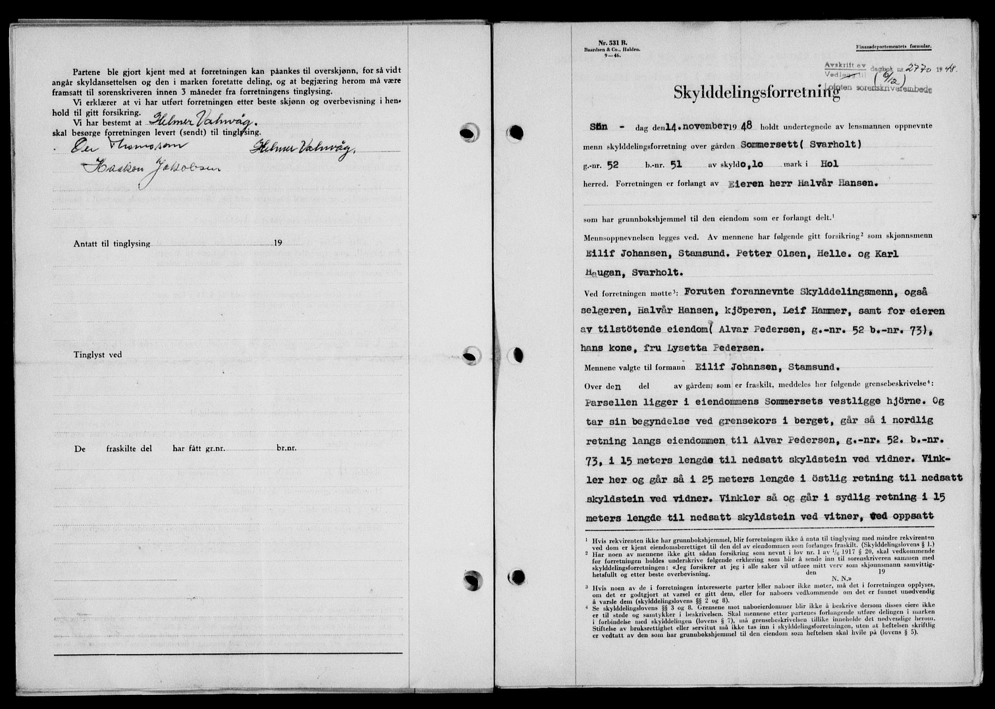 Lofoten sorenskriveri, SAT/A-0017/1/2/2C/L0020a: Mortgage book no. 20a, 1948-1949, Diary no: : 2770/1948