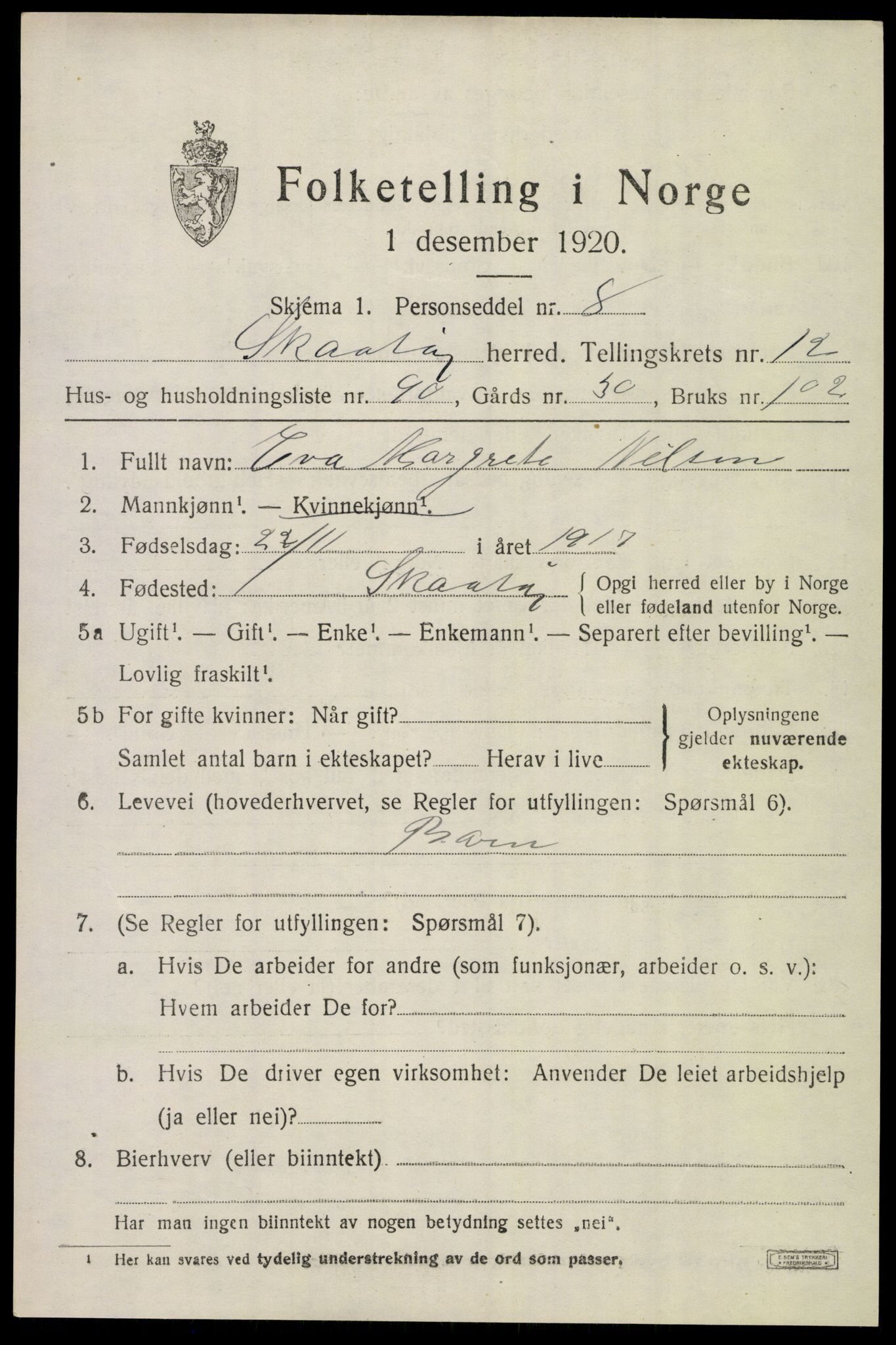 SAKO, 1920 census for Skåtøy, 1920, p. 9038