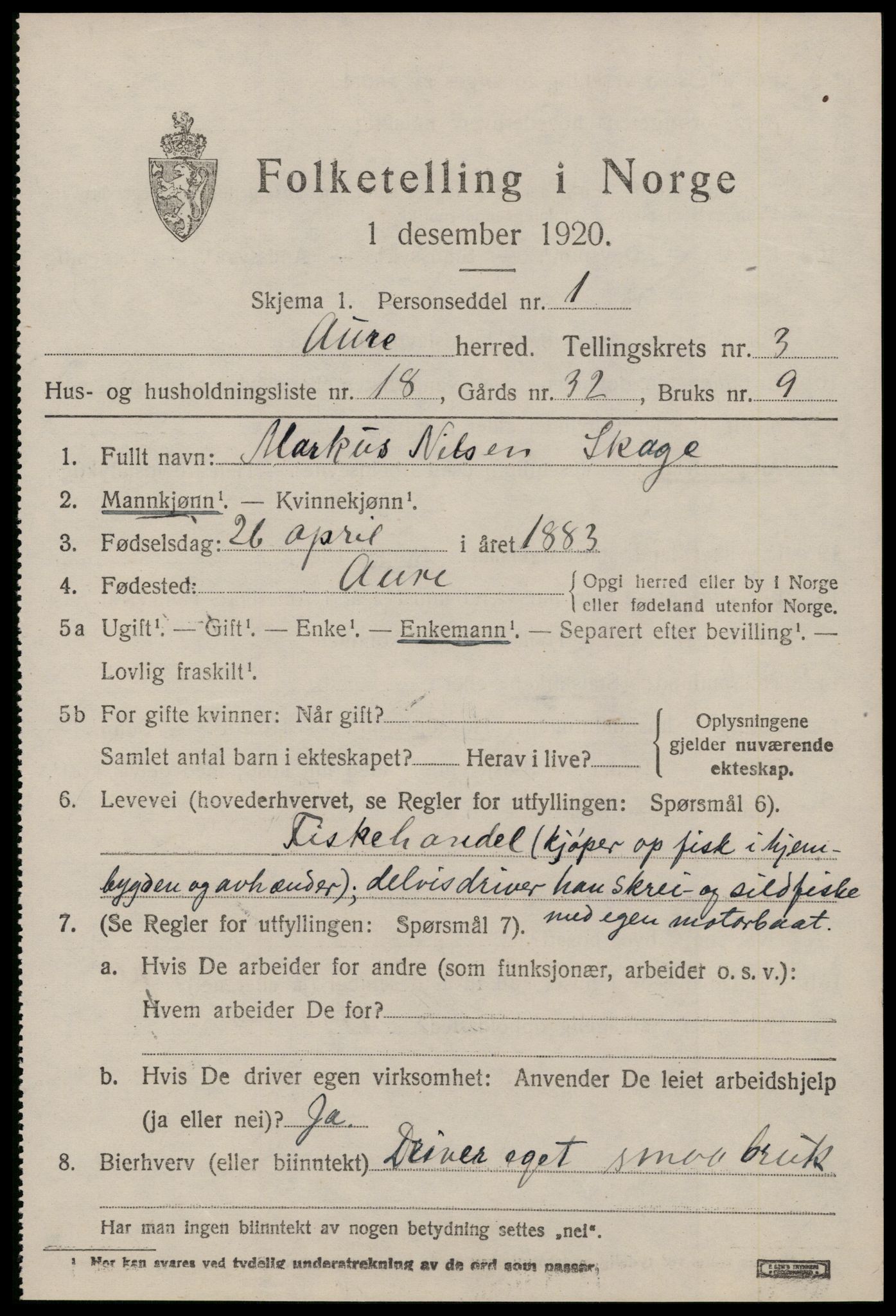 SAT, 1920 census for Aure, 1920, p. 1864