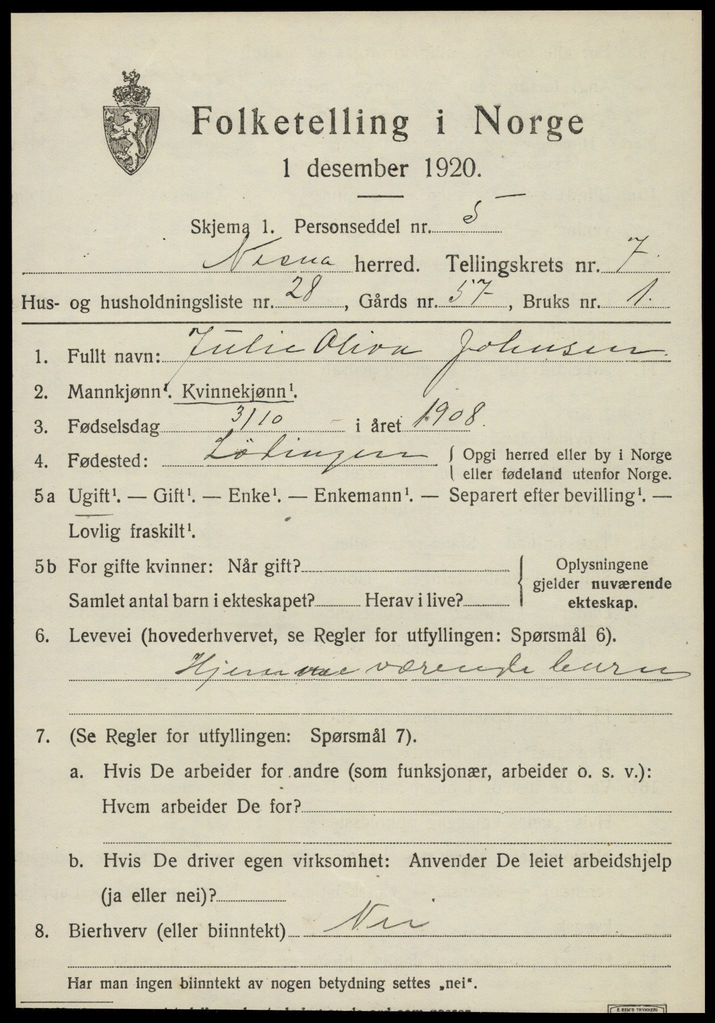 SAT, 1920 census for Nesna, 1920, p. 5741