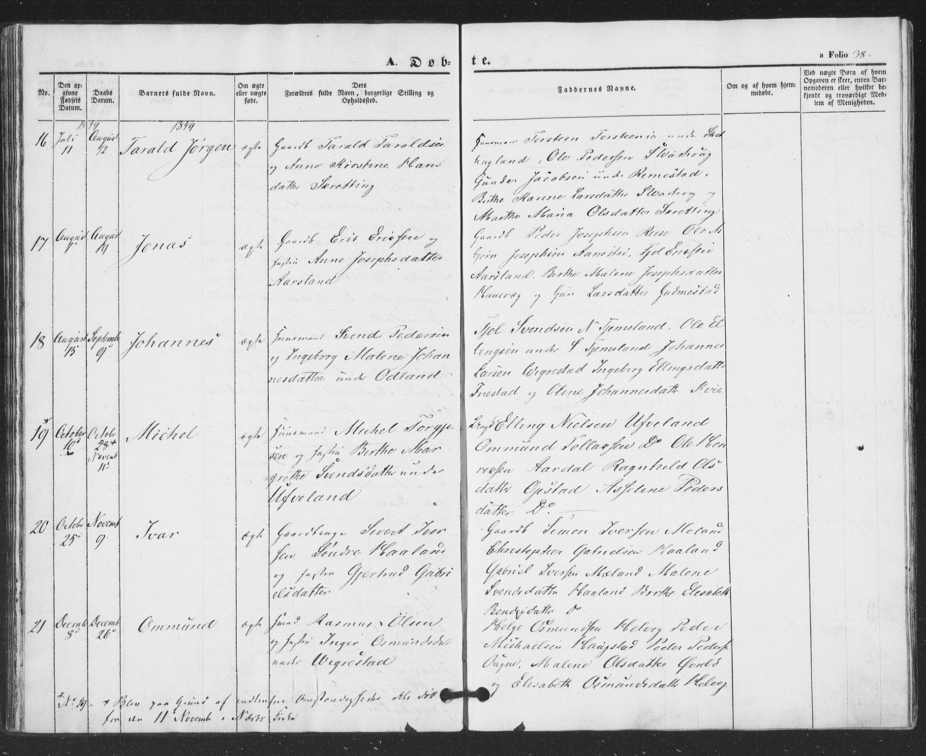 Hå sokneprestkontor, SAST/A-101801/001/30BA/L0007: Parish register (official) no. A 6, 1842-1855, p. 38