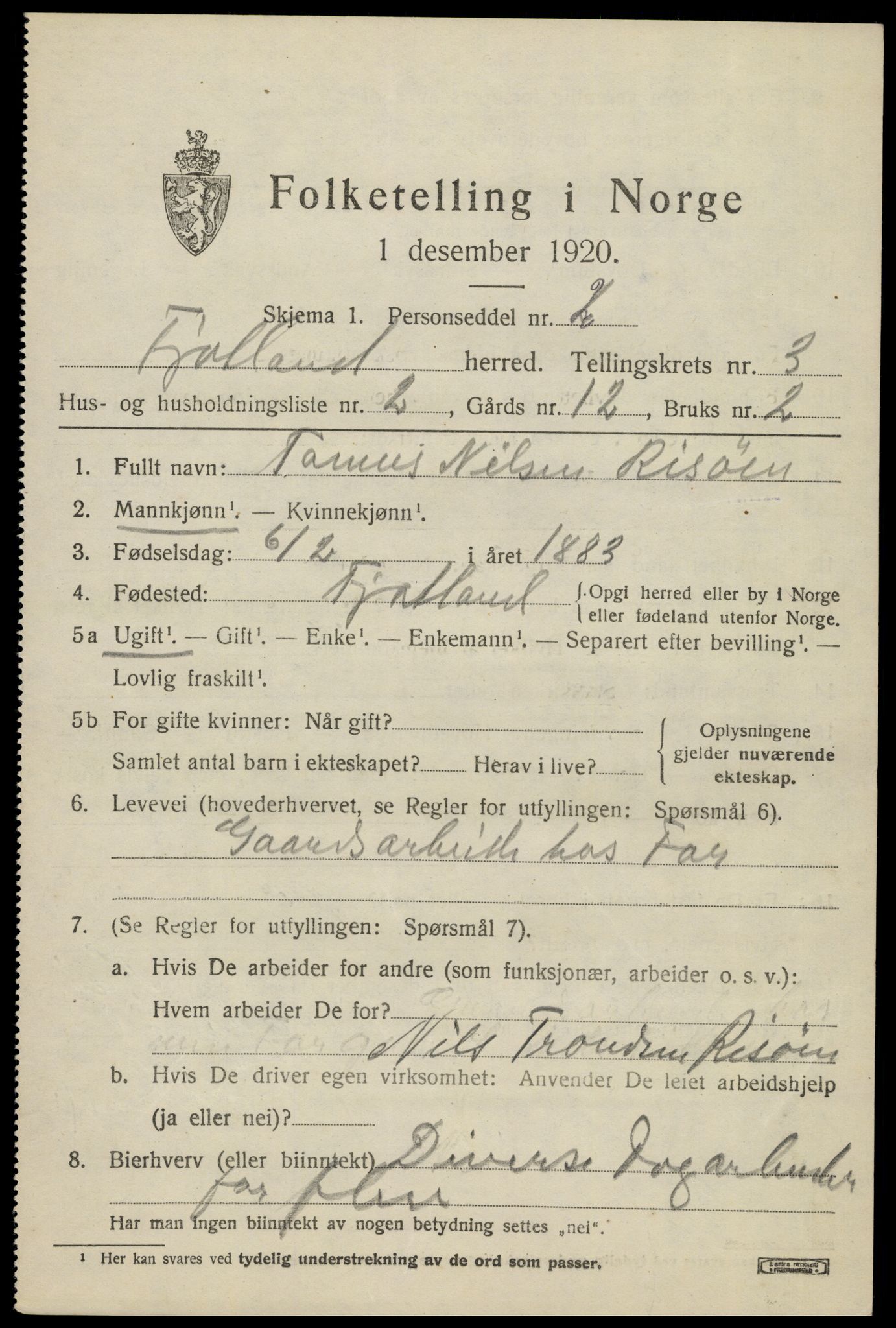 SAK, 1920 census for Fjotland, 1920, p. 944