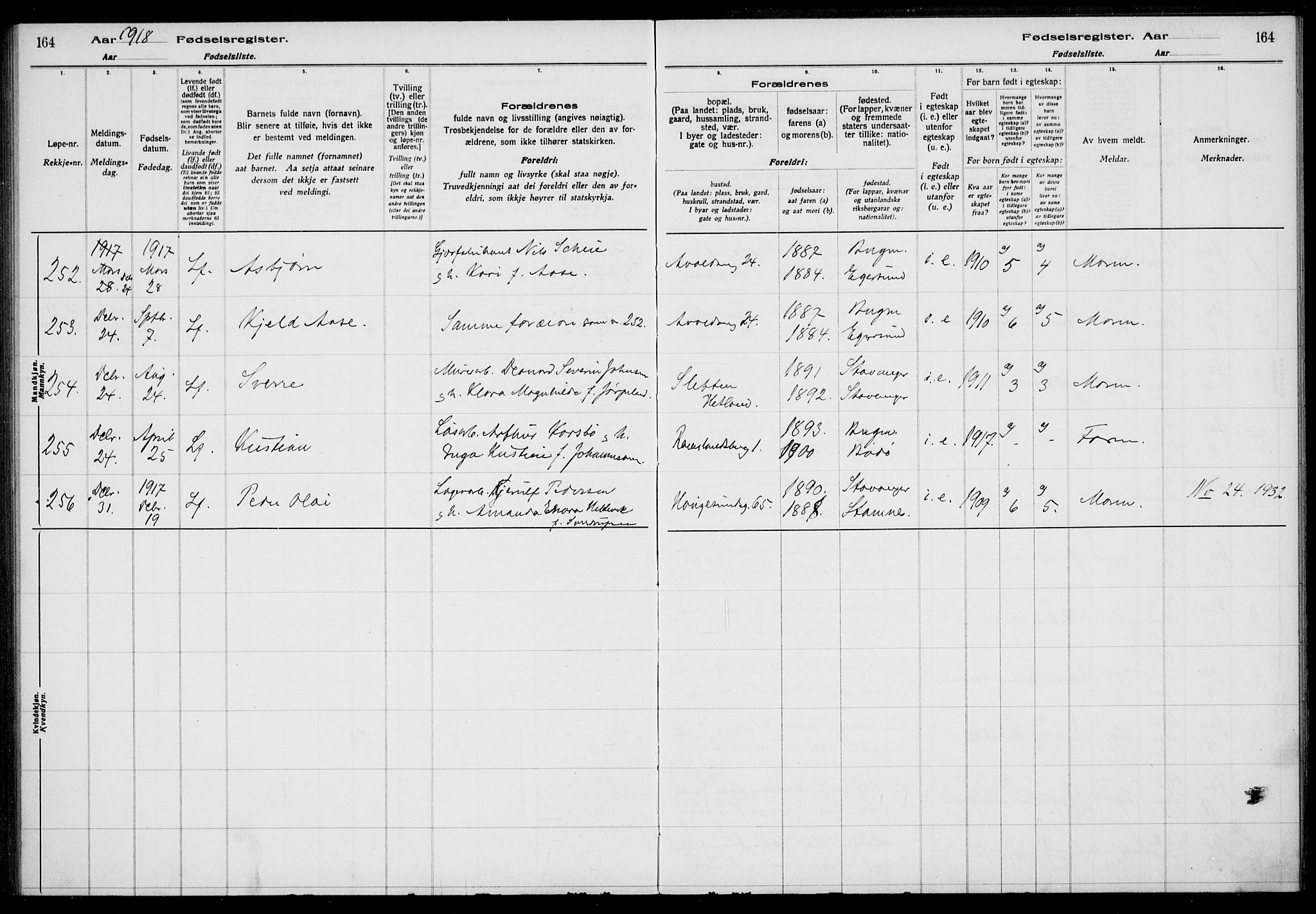 St. Johannes sokneprestkontor, AV/SAST-A-101814/002/A/L0001: Birth register no. 1, 1916-1919, p. 164