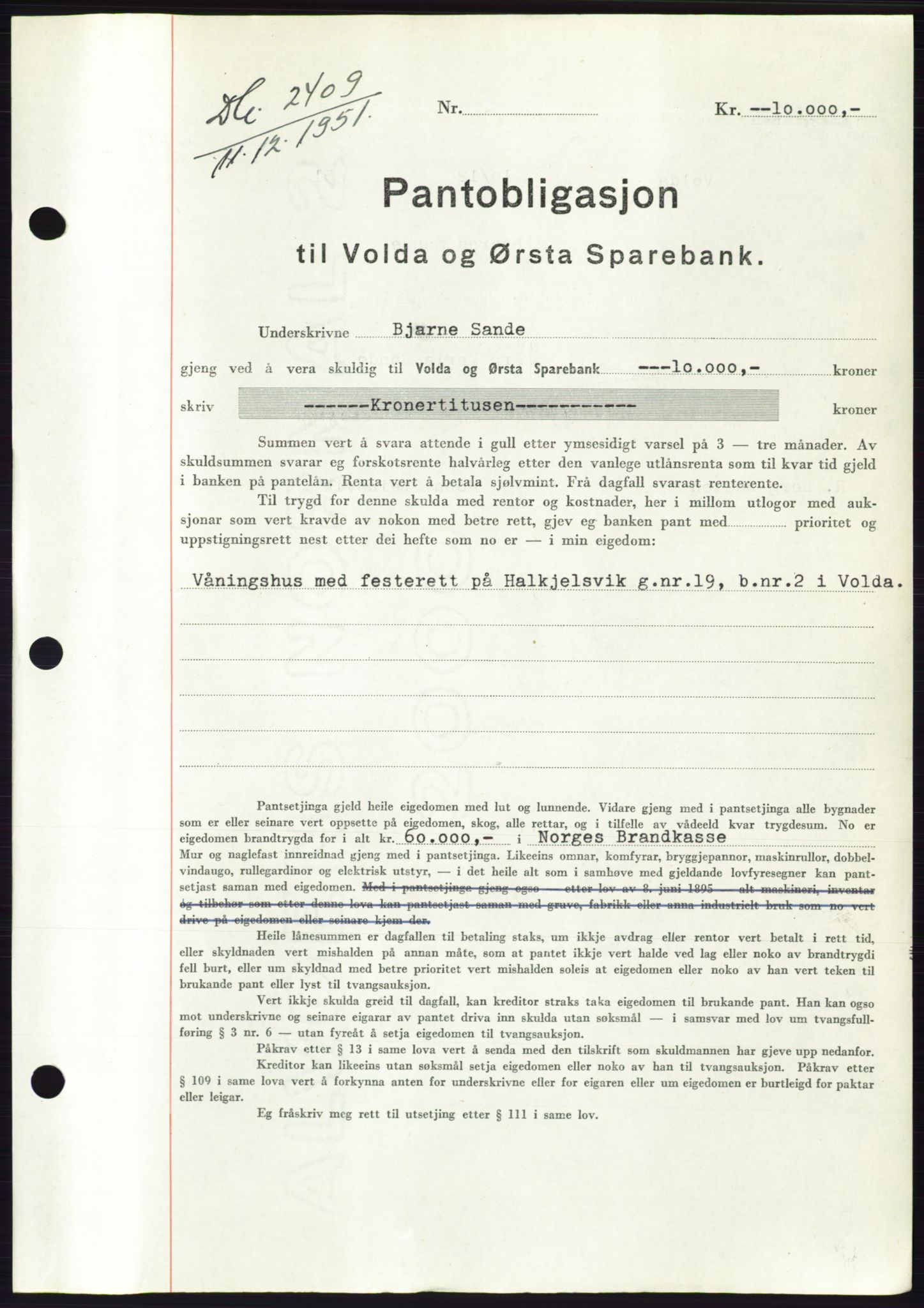 Søre Sunnmøre sorenskriveri, AV/SAT-A-4122/1/2/2C/L0120: Mortgage book no. 8B, 1951-1951, Diary no: : 2409/1951