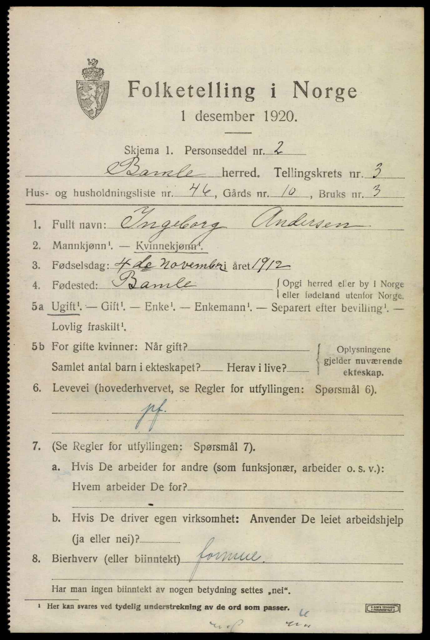 SAKO, 1920 census for Bamble, 1920, p. 4301