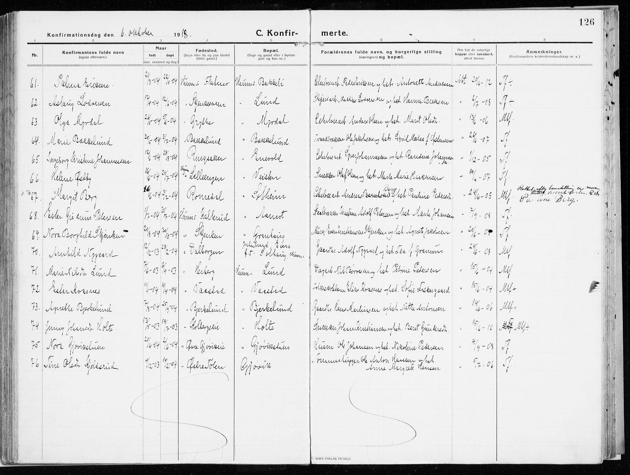 Vardal prestekontor, SAH/PREST-100/H/Ha/Haa/L0017: Parish register (official) no. 17, 1915-1929, p. 126