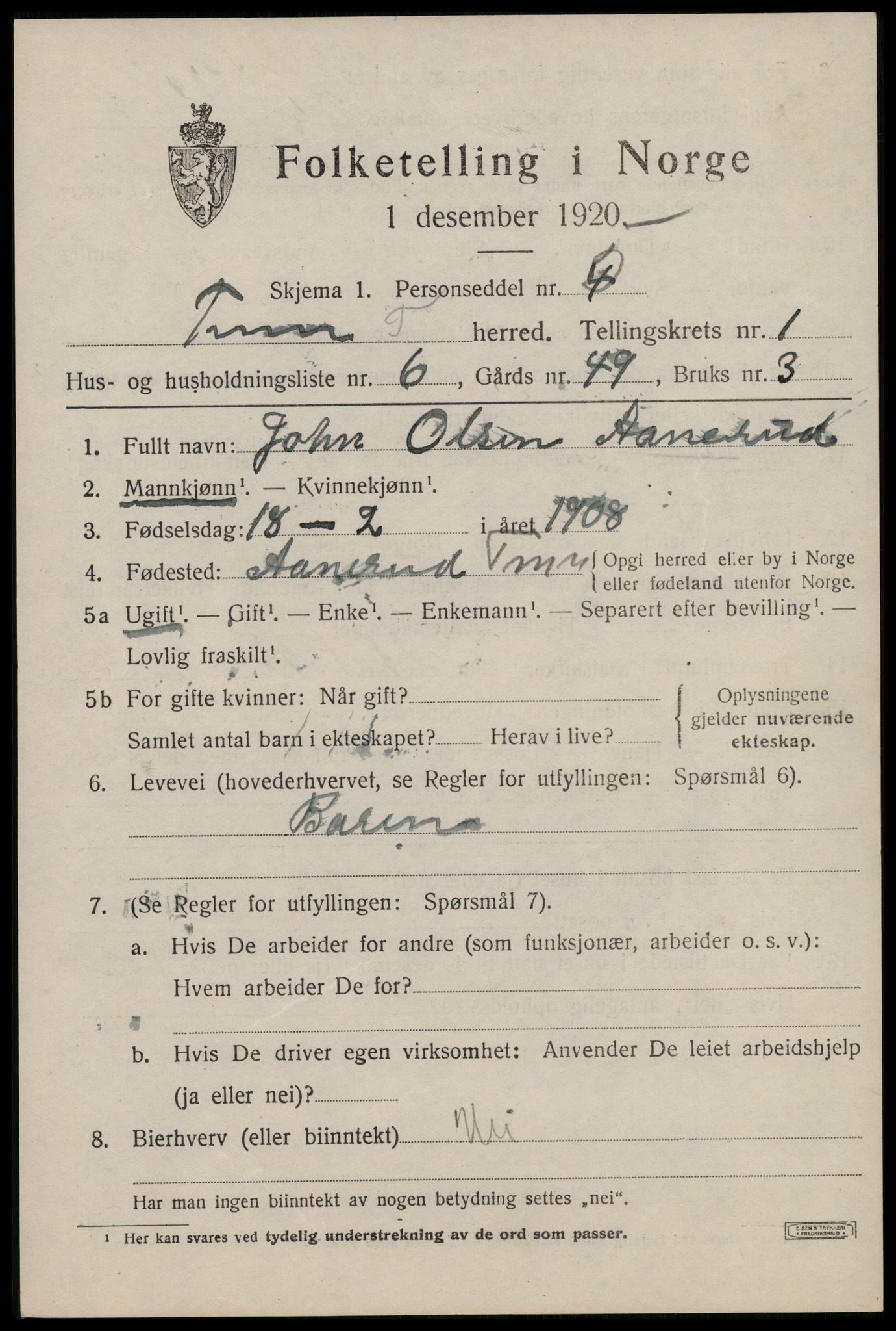 SAKO, 1920 census for Tinn, 1920, p. 2750