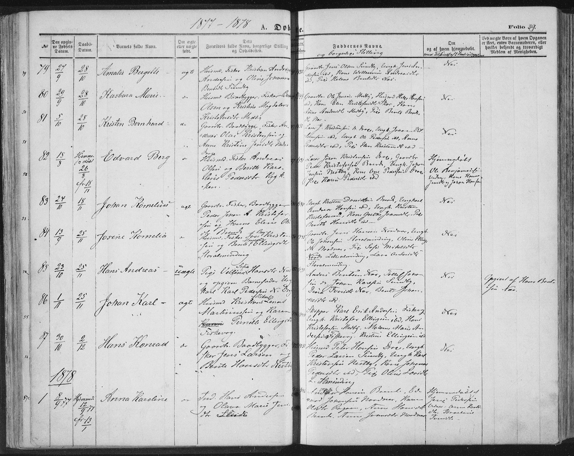 Ministerialprotokoller, klokkerbøker og fødselsregistre - Nordland, AV/SAT-A-1459/847/L0668: Parish register (official) no. 847A08, 1872-1886, p. 39