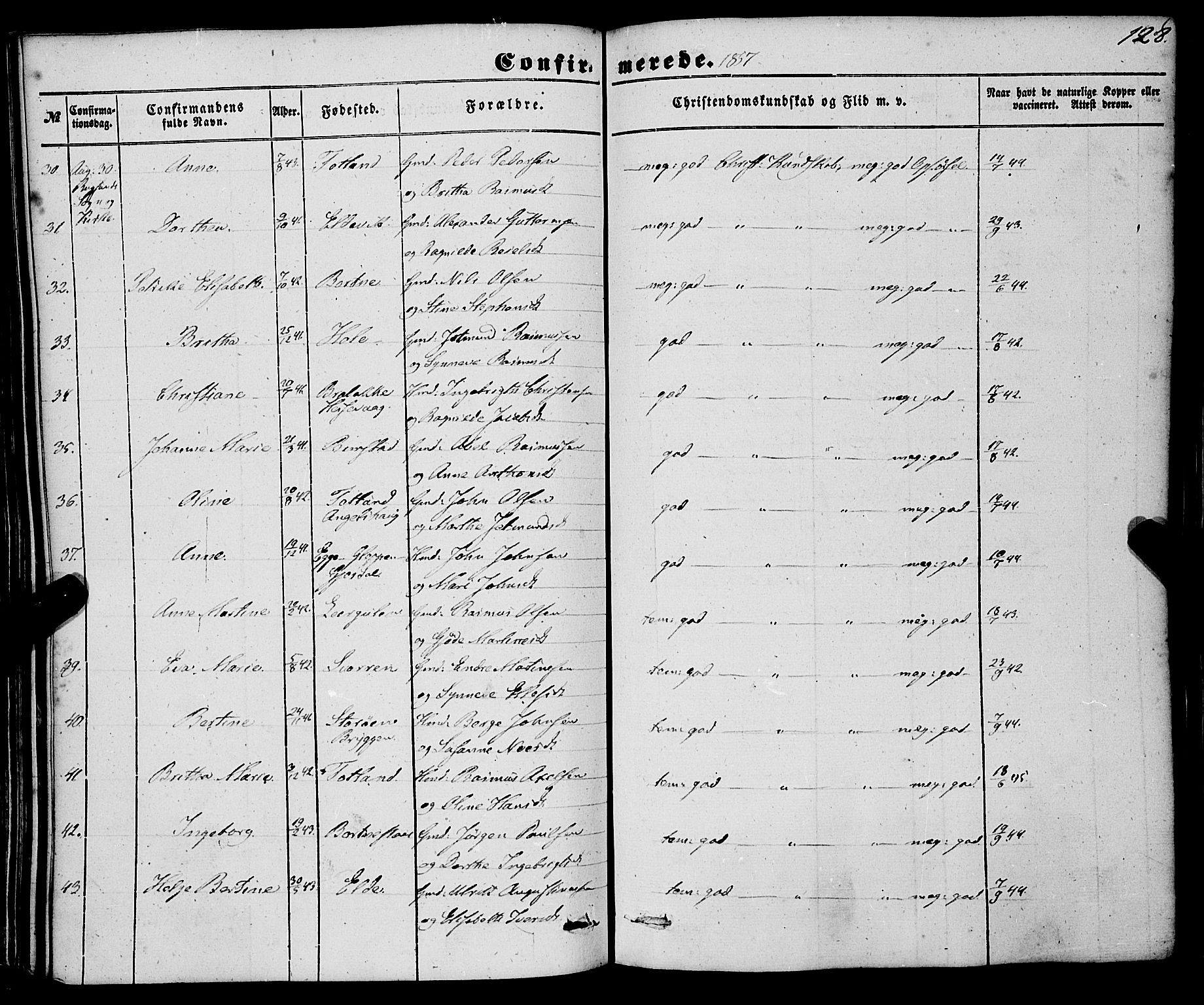 Davik sokneprestembete, AV/SAB-A-79701/H/Haa/Haaa/L0005: Parish register (official) no. A 5, 1850-1866, p. 128