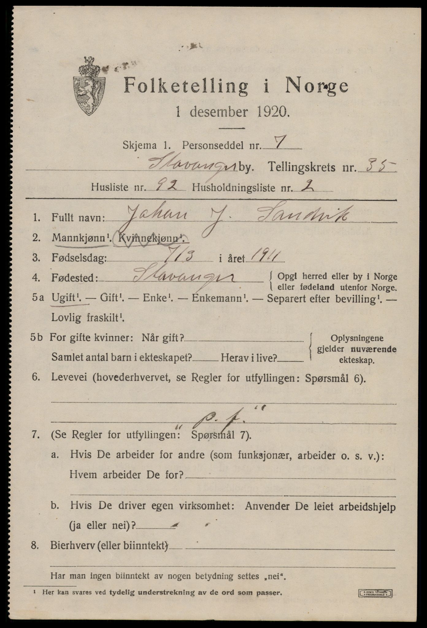 SAST, 1920 census for Stavanger, 1920, p. 95262