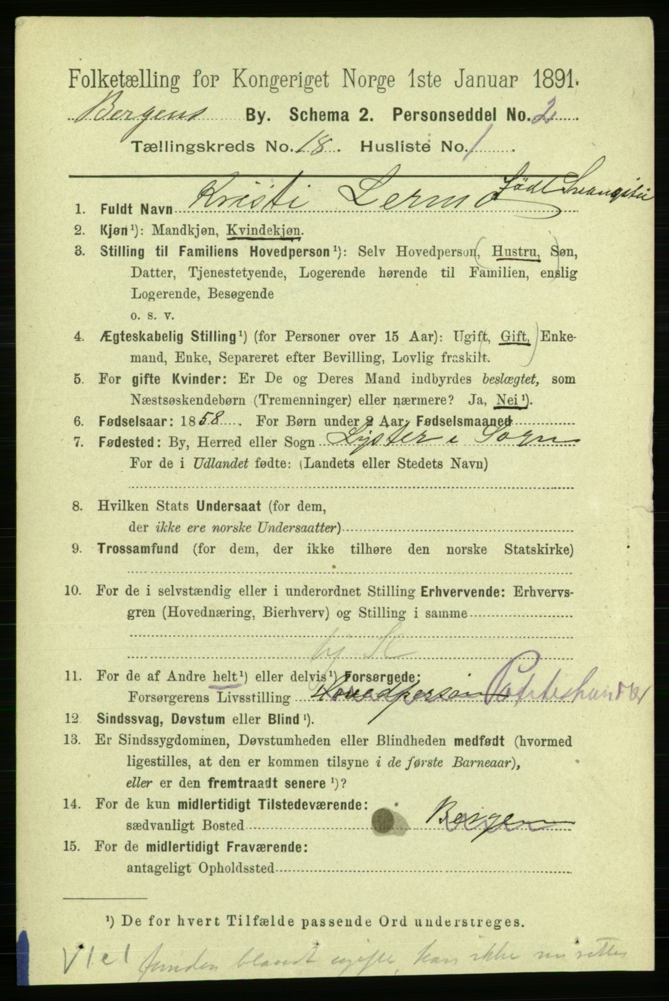 RA, 1891 Census for 1301 Bergen, 1891, p. 26055