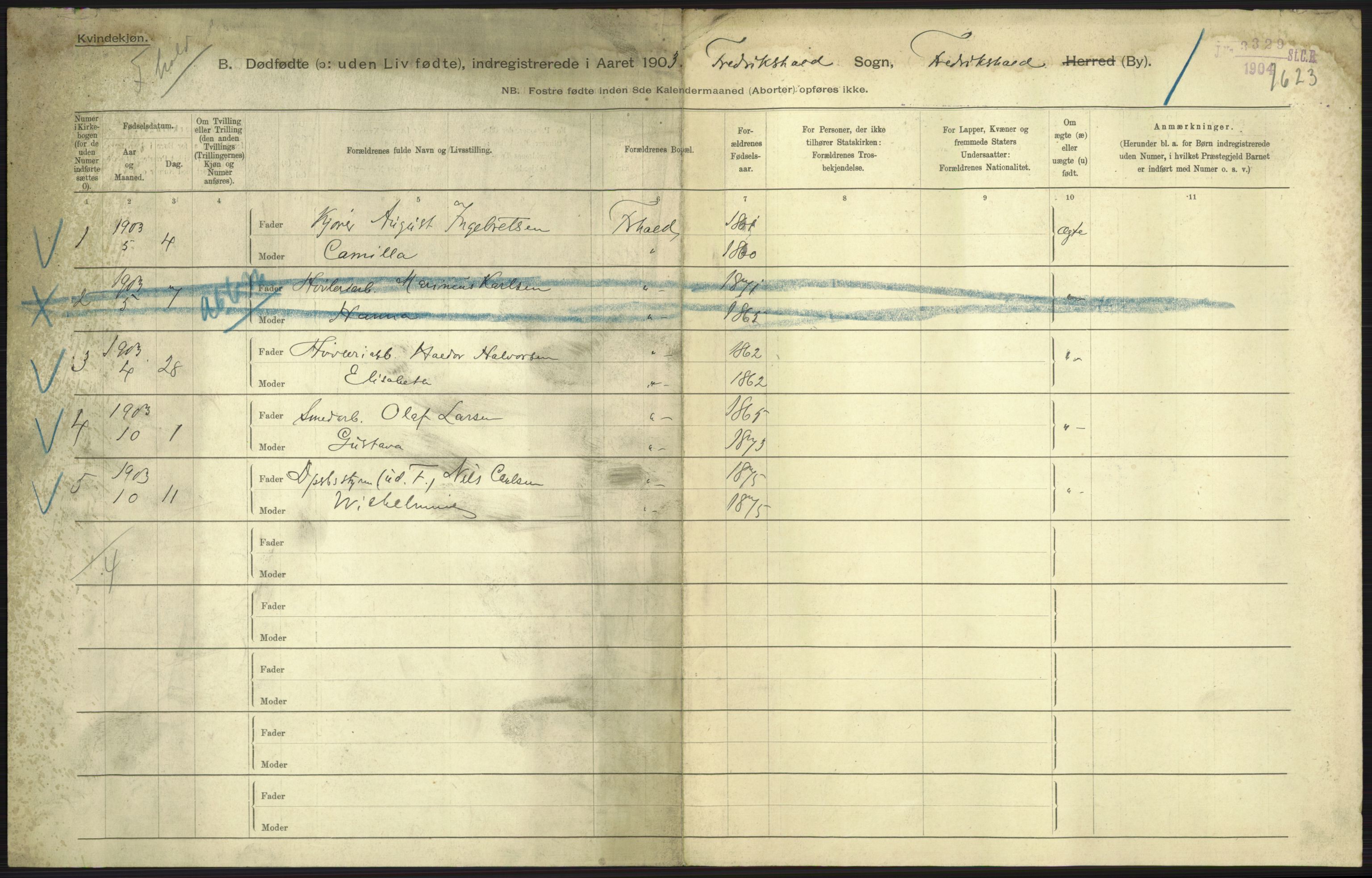 Statistisk sentralbyrå, Sosiodemografiske emner, Befolkning, AV/RA-S-2228/D/Df/Dfa/Dfaa/L0026: Smålenenes - Finnmarkens amt: Dødfødte. Byer., 1903, p. 107