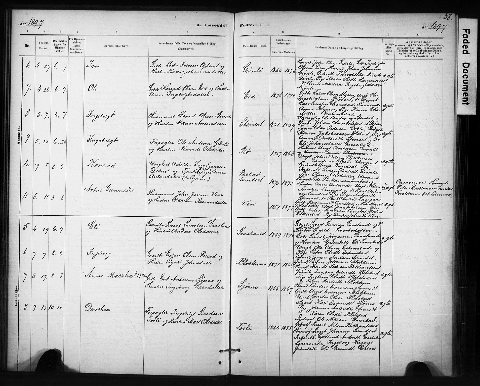 Ministerialprotokoller, klokkerbøker og fødselsregistre - Sør-Trøndelag, AV/SAT-A-1456/694/L1127: Parish register (official) no. 694A01, 1887-1905, p. 38