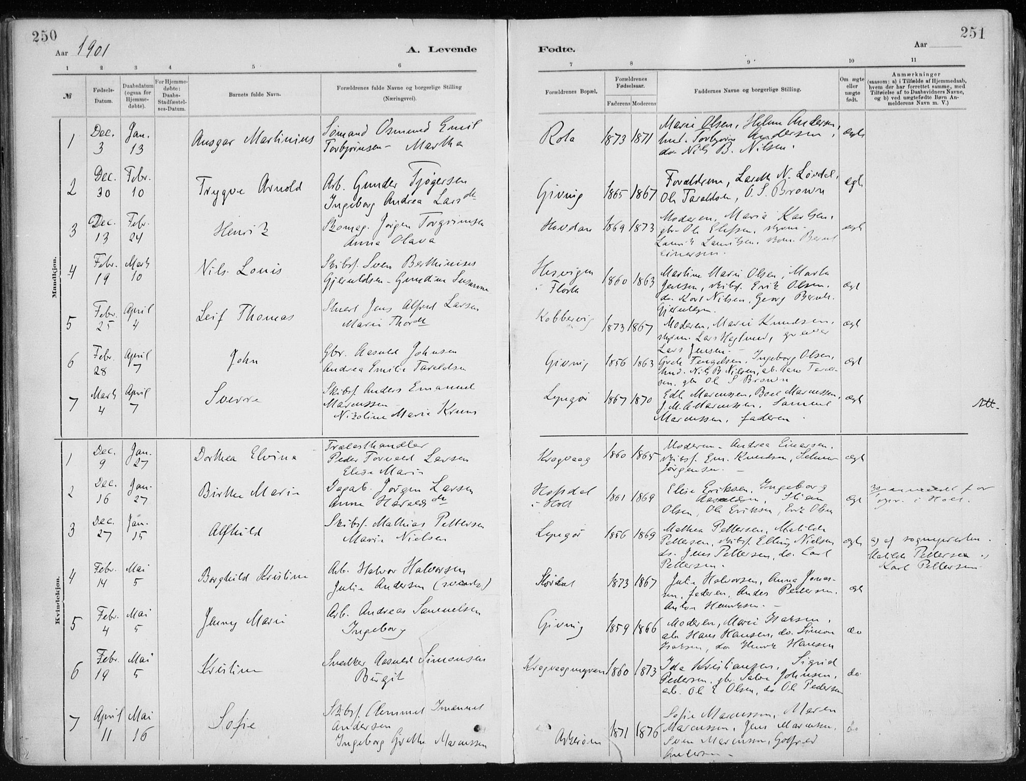 Dypvåg sokneprestkontor, SAK/1111-0007/F/Fa/Faa/L0008: Parish register (official) no. A 8, 1885-1906, p. 250-251