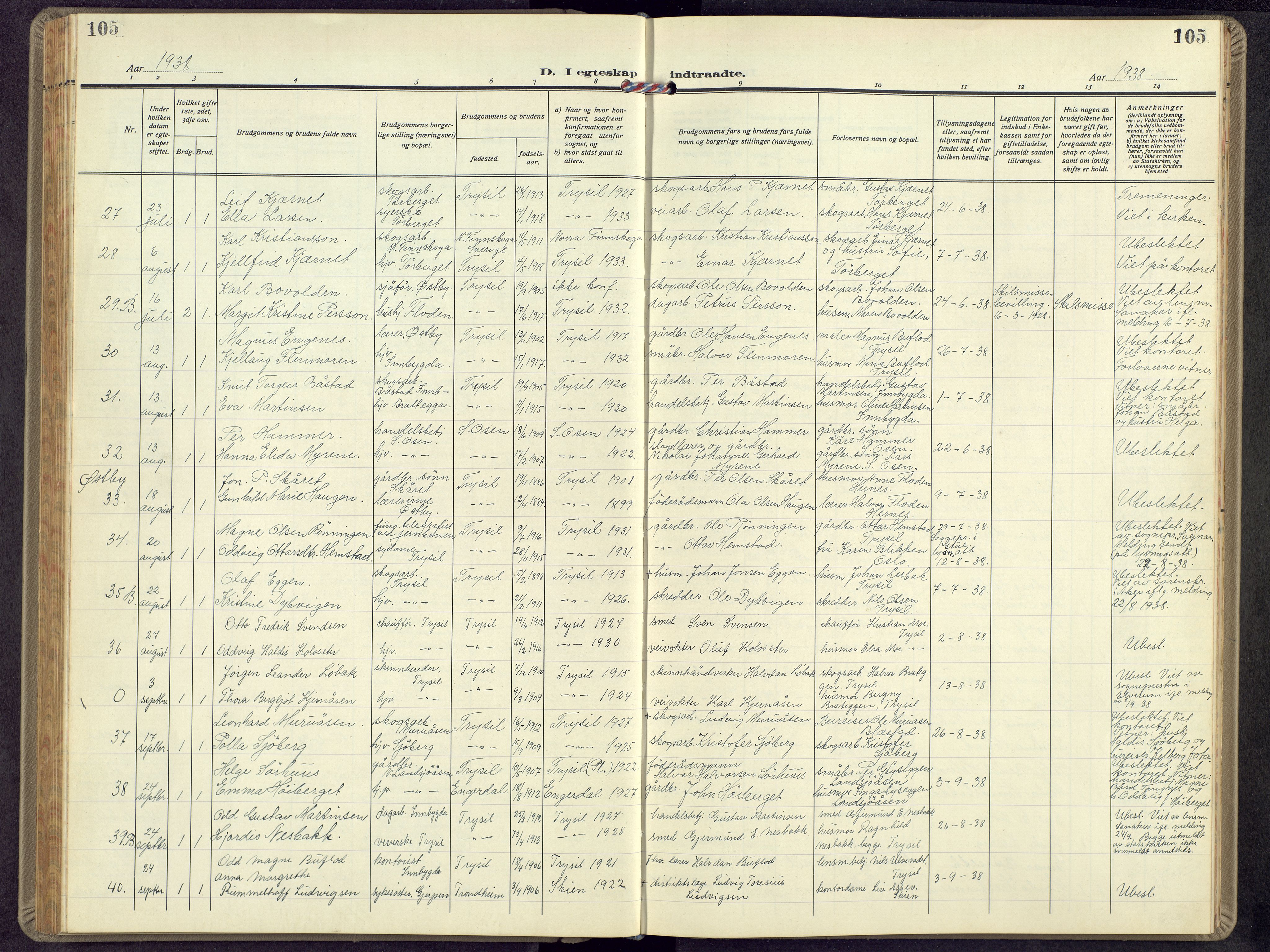 Trysil prestekontor, SAH/PREST-046/H/Ha/Hab/L0012: Parish register (copy) no. 12, 1938-1959, p. 105