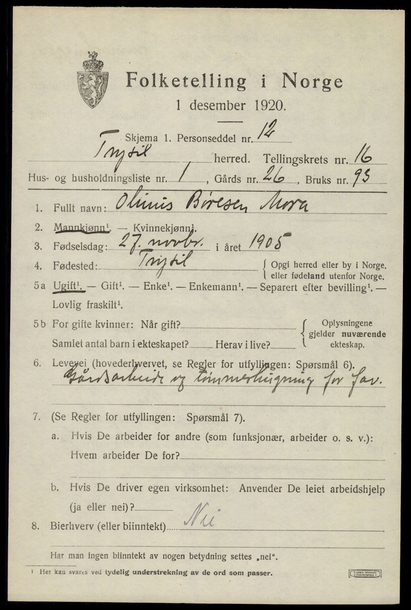 SAH, 1920 census for Trysil, 1920, p. 9443
