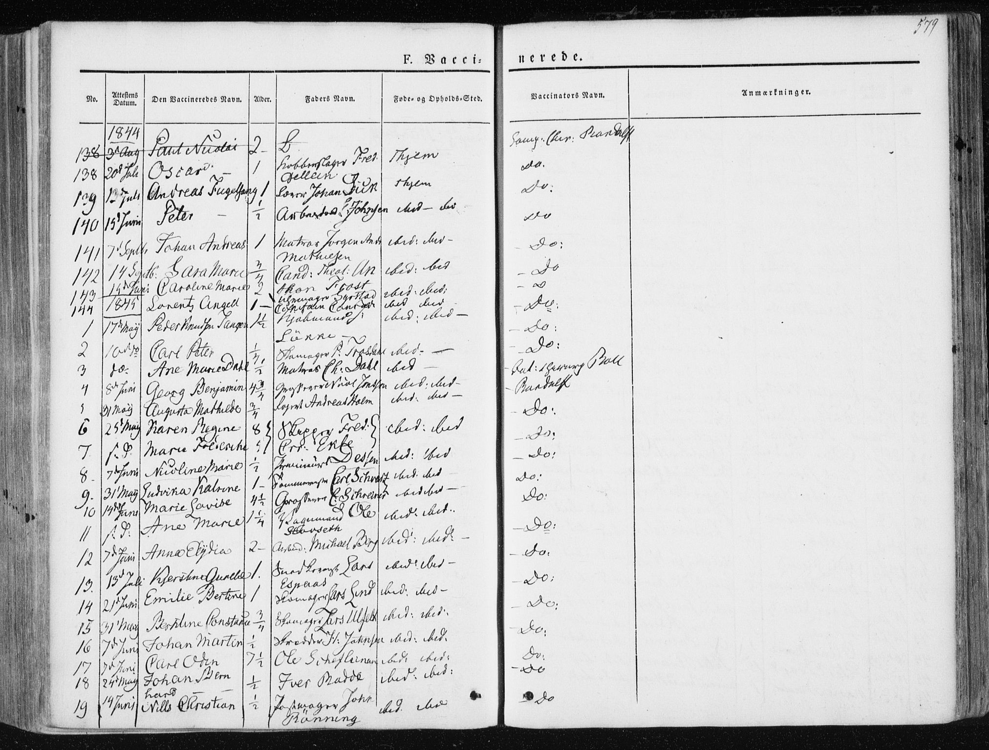 Ministerialprotokoller, klokkerbøker og fødselsregistre - Sør-Trøndelag, AV/SAT-A-1456/601/L0049: Parish register (official) no. 601A17, 1839-1847, p. 579