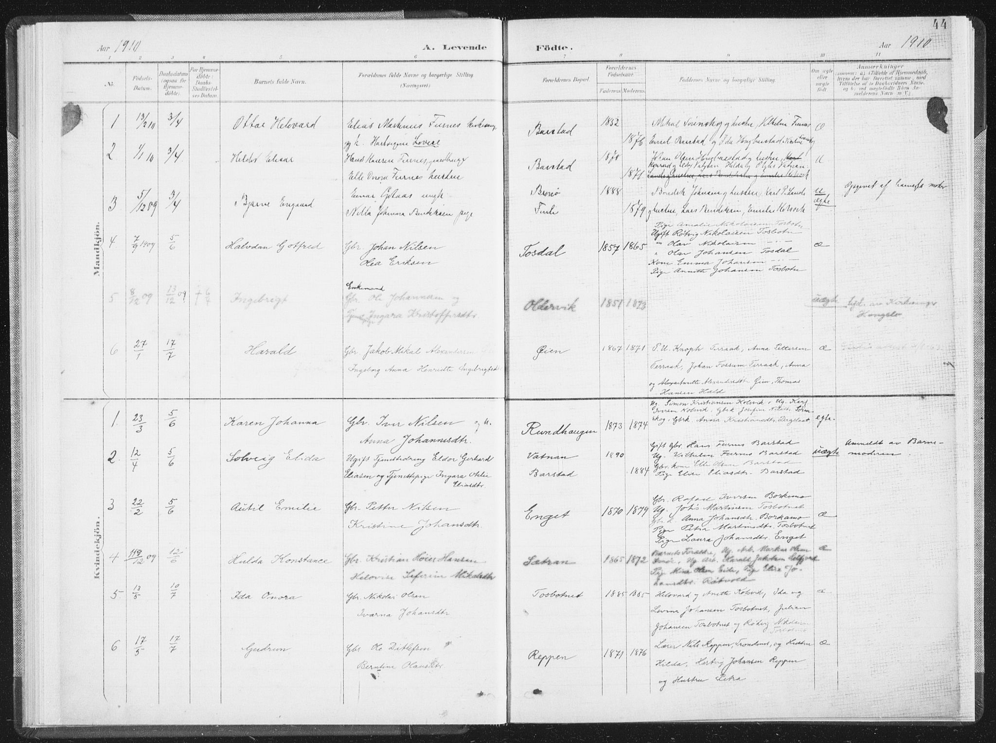 Ministerialprotokoller, klokkerbøker og fødselsregistre - Nordland, AV/SAT-A-1459/810/L0153: Parish register (official) no. 810A12, 1899-1914, p. 44