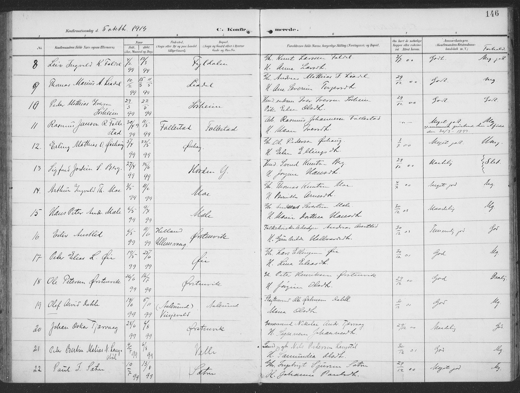 Ministerialprotokoller, klokkerbøker og fødselsregistre - Møre og Romsdal, SAT/A-1454/513/L0178: Parish register (official) no. 513A05, 1906-1919, p. 146