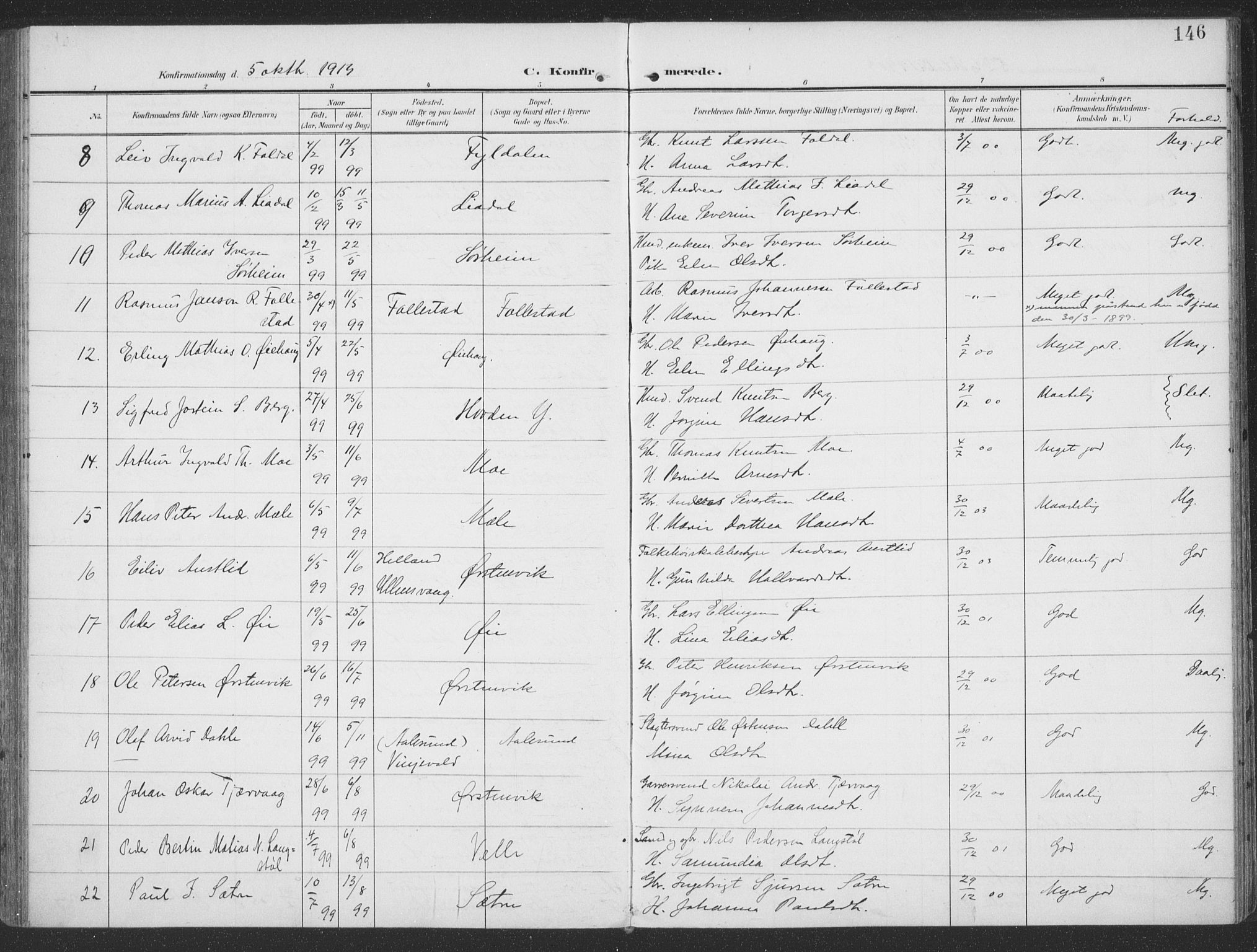 Ministerialprotokoller, klokkerbøker og fødselsregistre - Møre og Romsdal, AV/SAT-A-1454/513/L0178: Parish register (official) no. 513A05, 1906-1919, p. 146