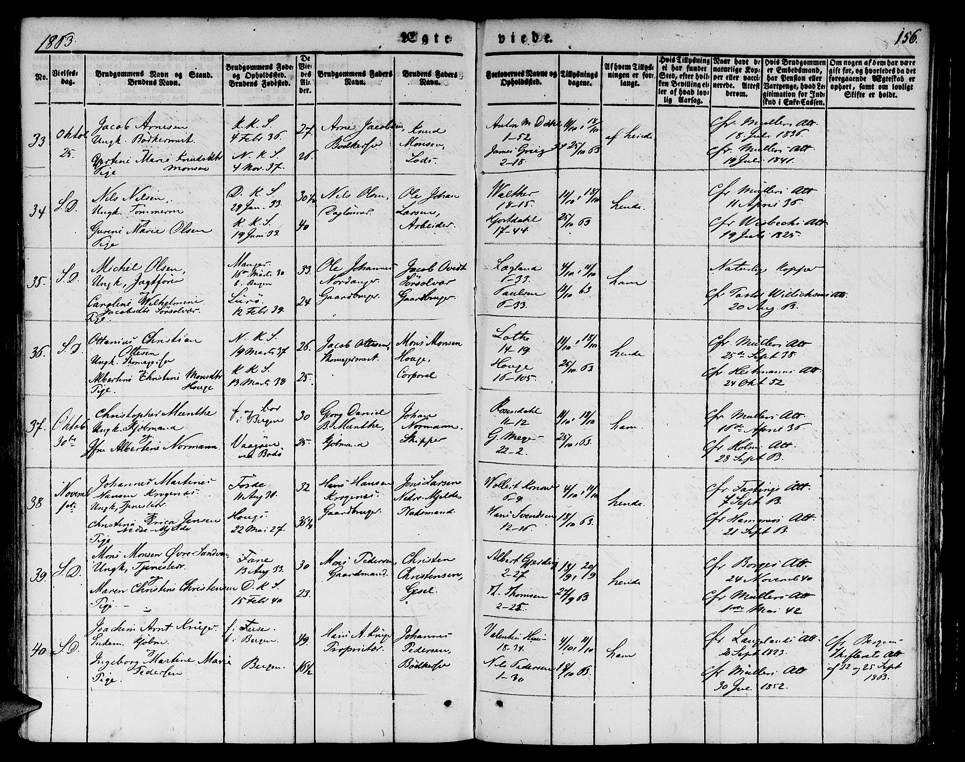 Nykirken Sokneprestembete, AV/SAB-A-77101/H/Hab: Parish register (copy) no. D 1, 1832-1867, p. 156