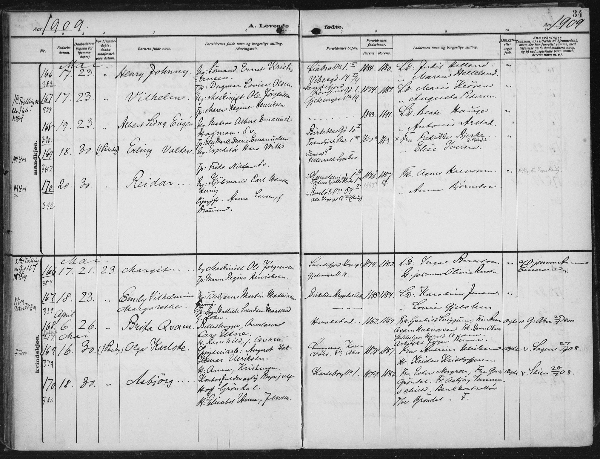 Rikshospitalet prestekontor Kirkebøker, AV/SAO-A-10309b/F/L0014: Parish register (official) no. 14, 1909-1912, p. 34