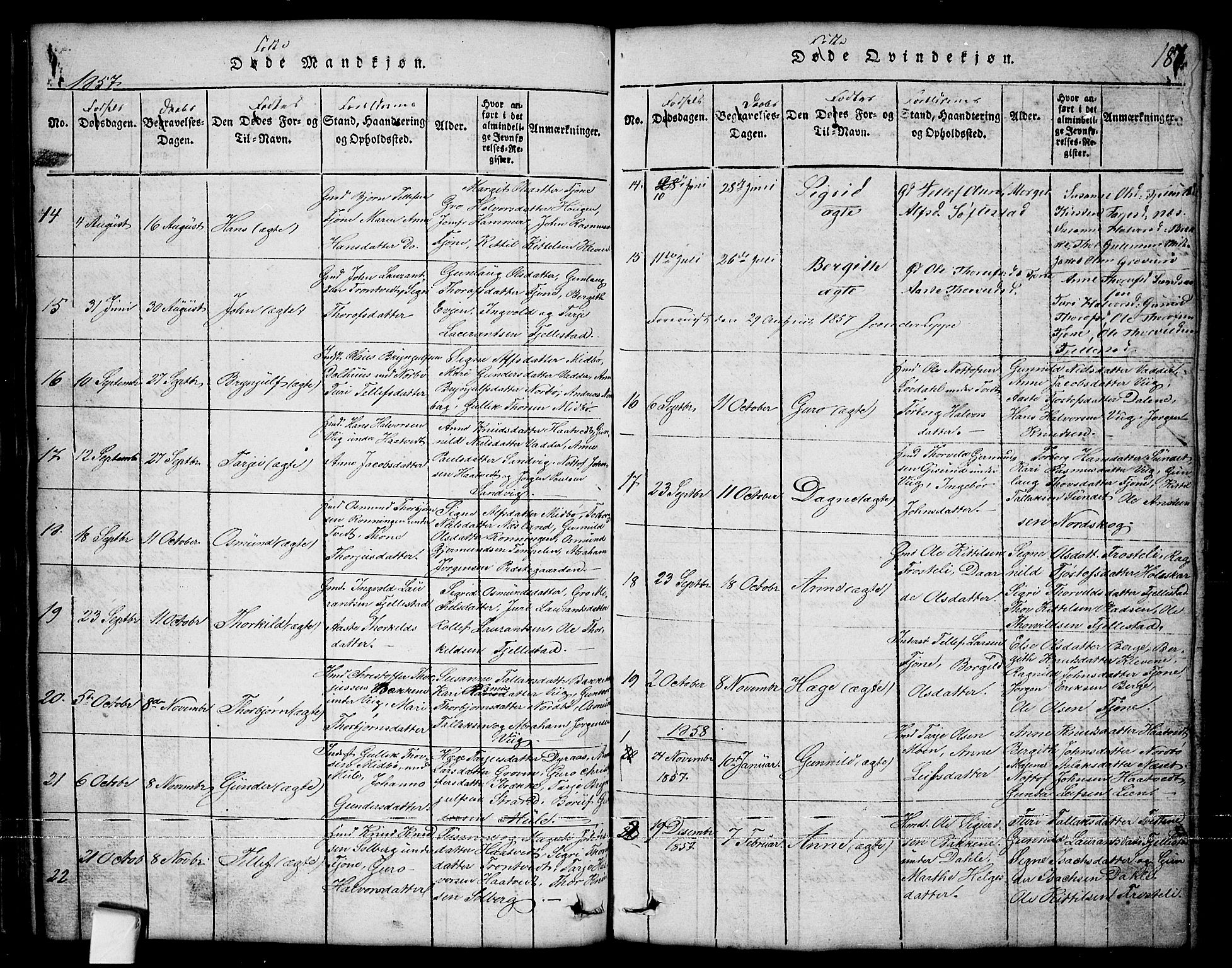 Nissedal kirkebøker, SAKO/A-288/G/Ga/L0001: Parish register (copy) no. I 1, 1814-1860, p. 187