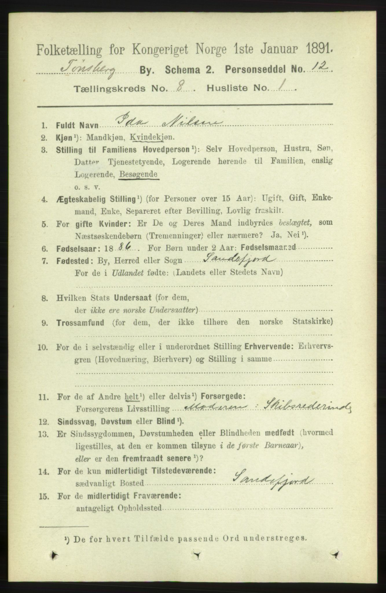 RA, 1891 census for 0705 Tønsberg, 1891, p. 3062