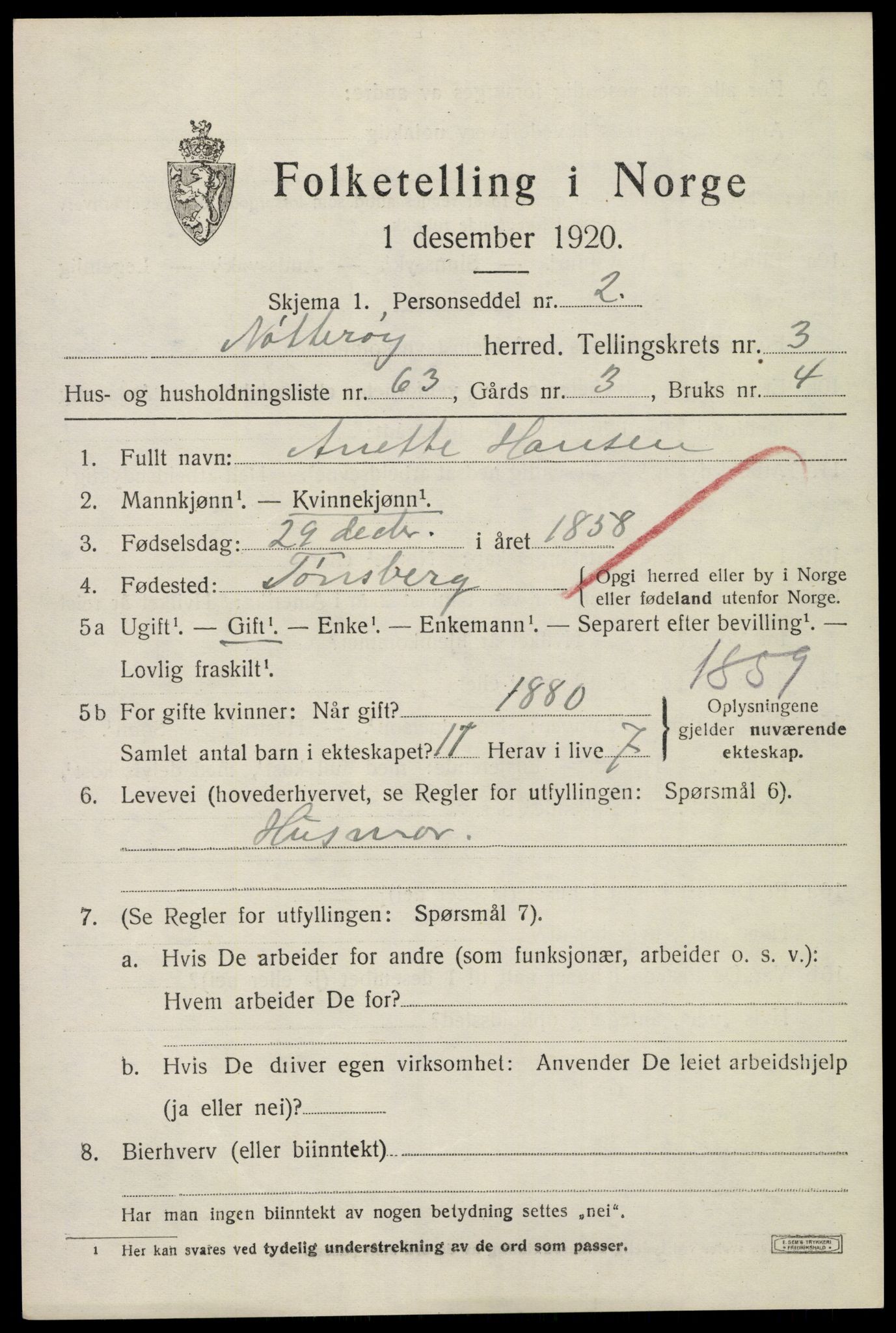 SAKO, 1920 census for Nøtterøy, 1920, p. 6217