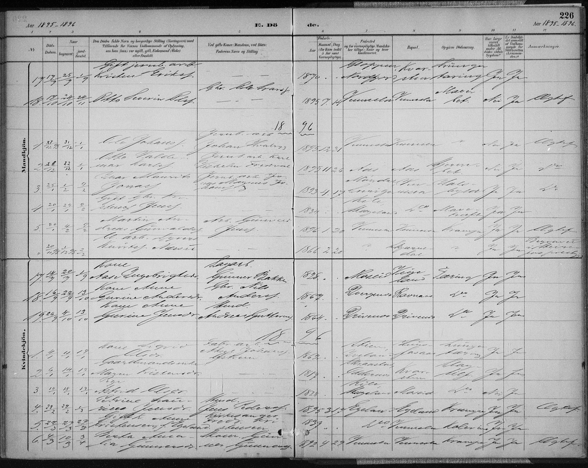 Vennesla sokneprestkontor, AV/SAK-1111-0045/Fa/Fab/L0004: Parish register (official) no. A 4, 1884-1896, p. 226