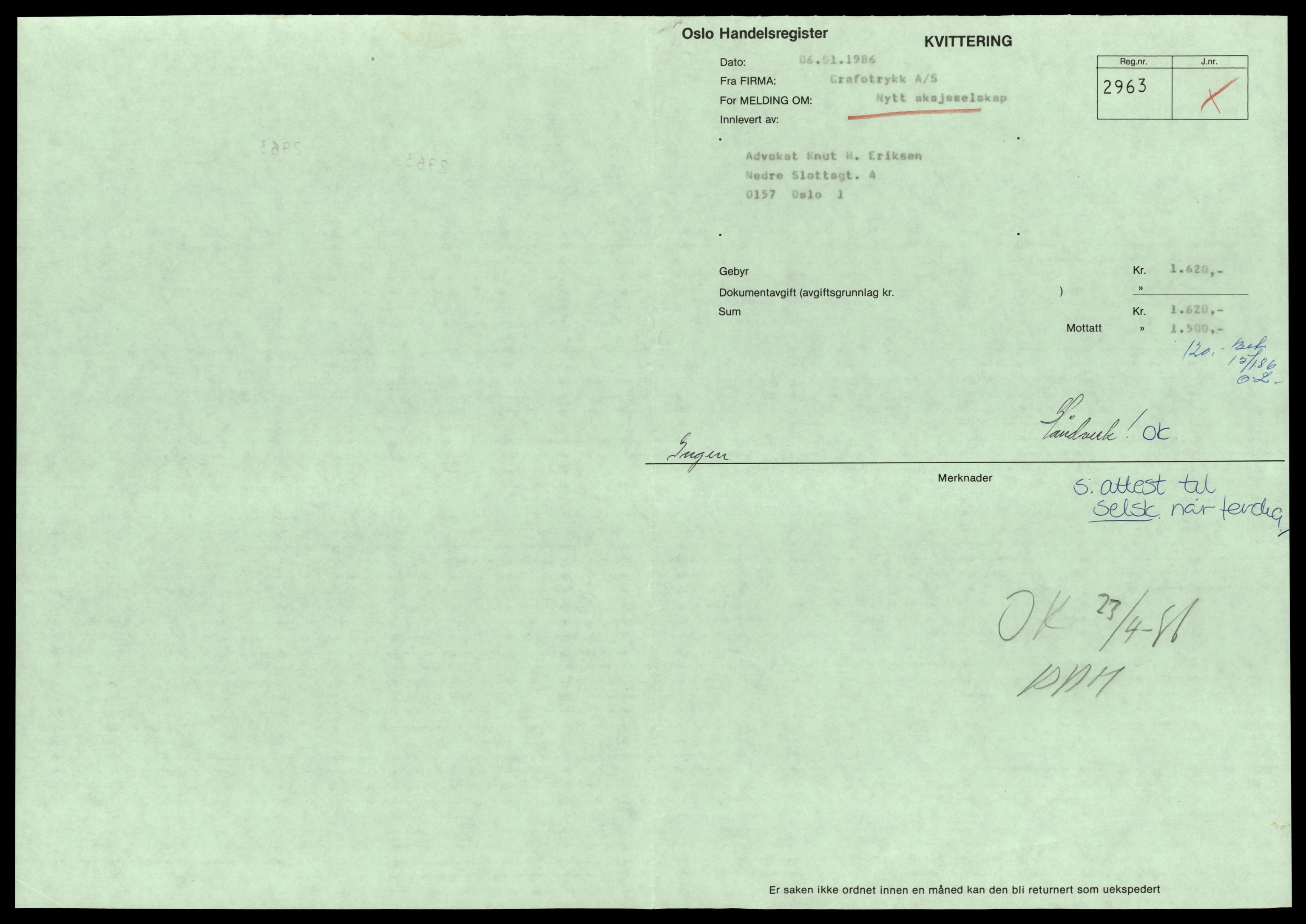 Oslo byfogd, Handelsregisteret, SAT/A-10867/G/Gc/Gca/L0281: Ikke konverterte foretak, Grafo-Gran, 1890-1990, p. 1