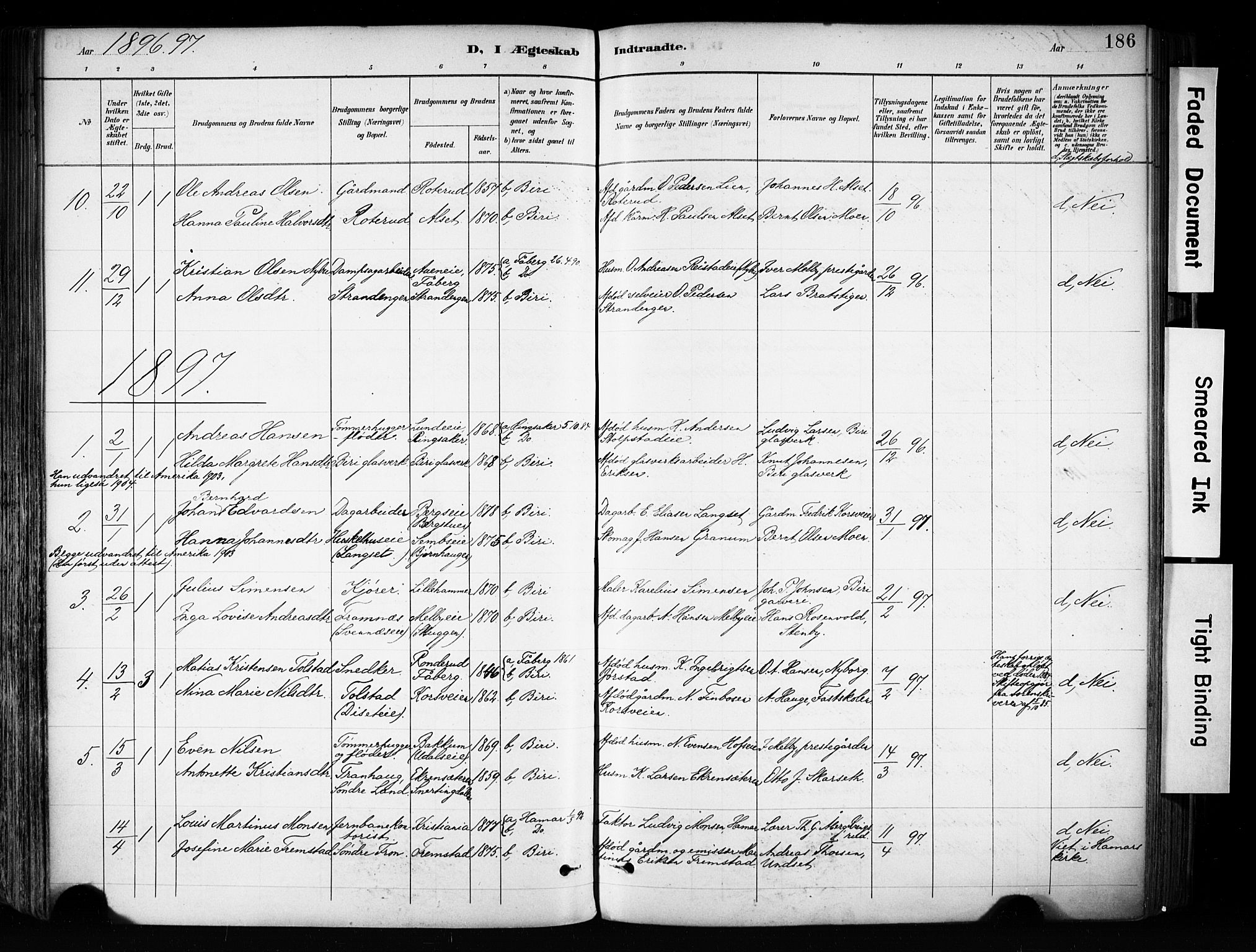Biri prestekontor, SAH/PREST-096/H/Ha/Haa/L0009: Parish register (official) no. 9, 1887-1900, p. 186