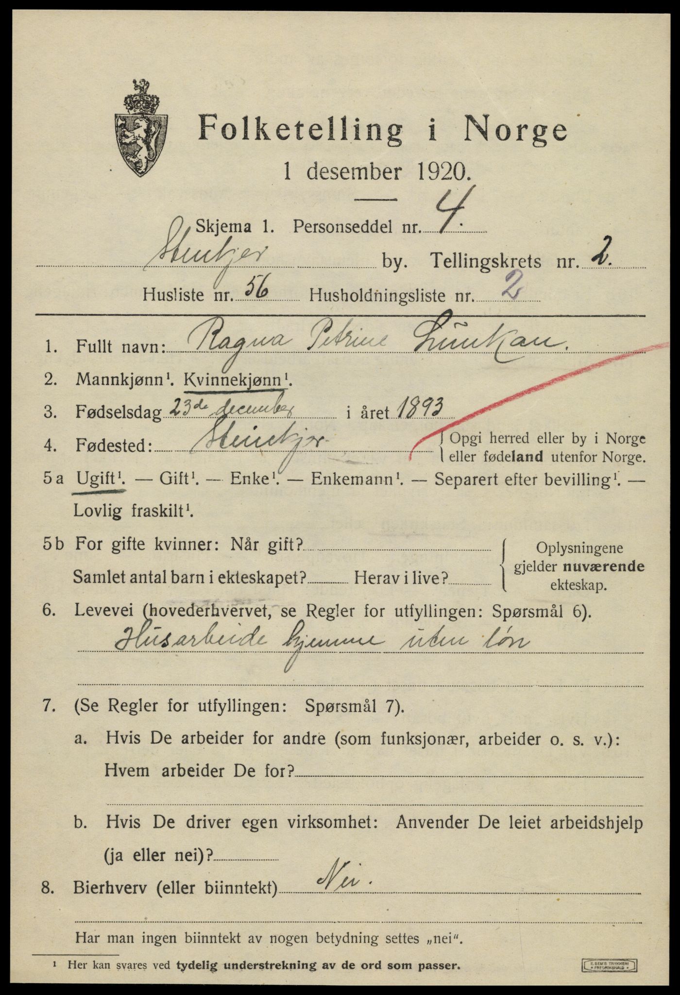 SAT, 1920 census for Steinkjer, 1920, p. 5320